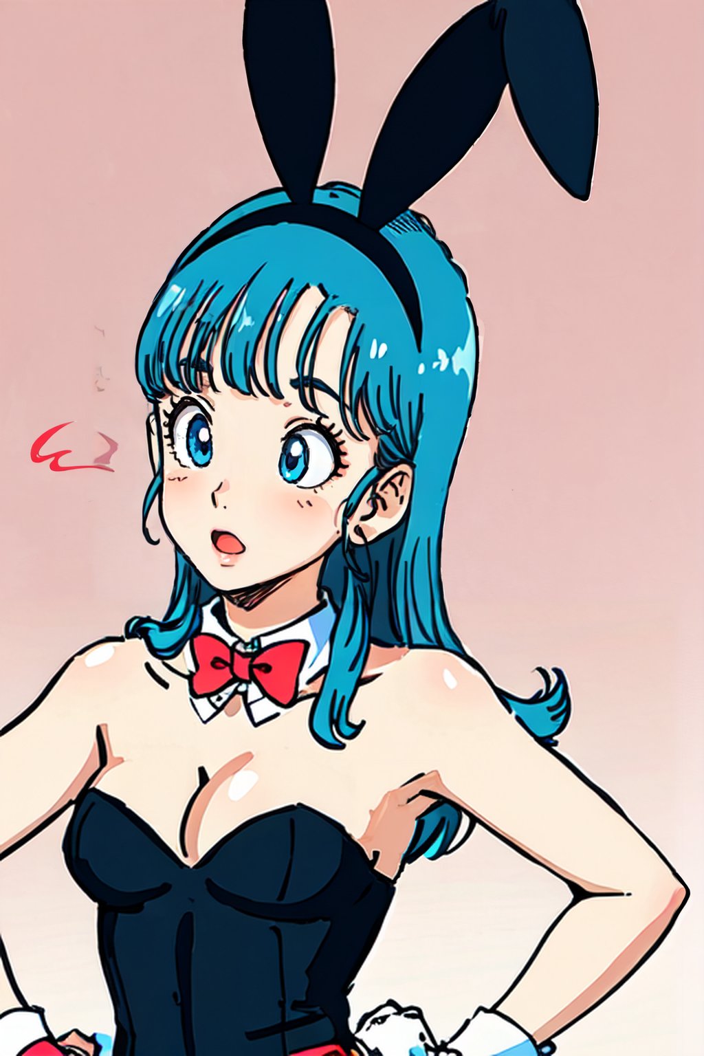 <lora:retrobulma:0.9> cowboy shot,  retrobulma 1girl,solo,long hair,breasts,bangs,blue eyes,bow,animal ears,cleavage,bare shoulders,jewelry,medium breasts,blue hair,tail,upper body,pantyhose,earrings,parted lips,blunt bangs,bowtie,rabbit ears,red bow,leotard,lips,gradient,hand on hip,looking to the side,wrist cuffs,gradient background,eyelashes,strapless,makeup,detached collar,fake animal ears,playboy bunny,lipstick,rabbit tail,red bowtie,black leotard,straight hair,strapless leotard,bulma