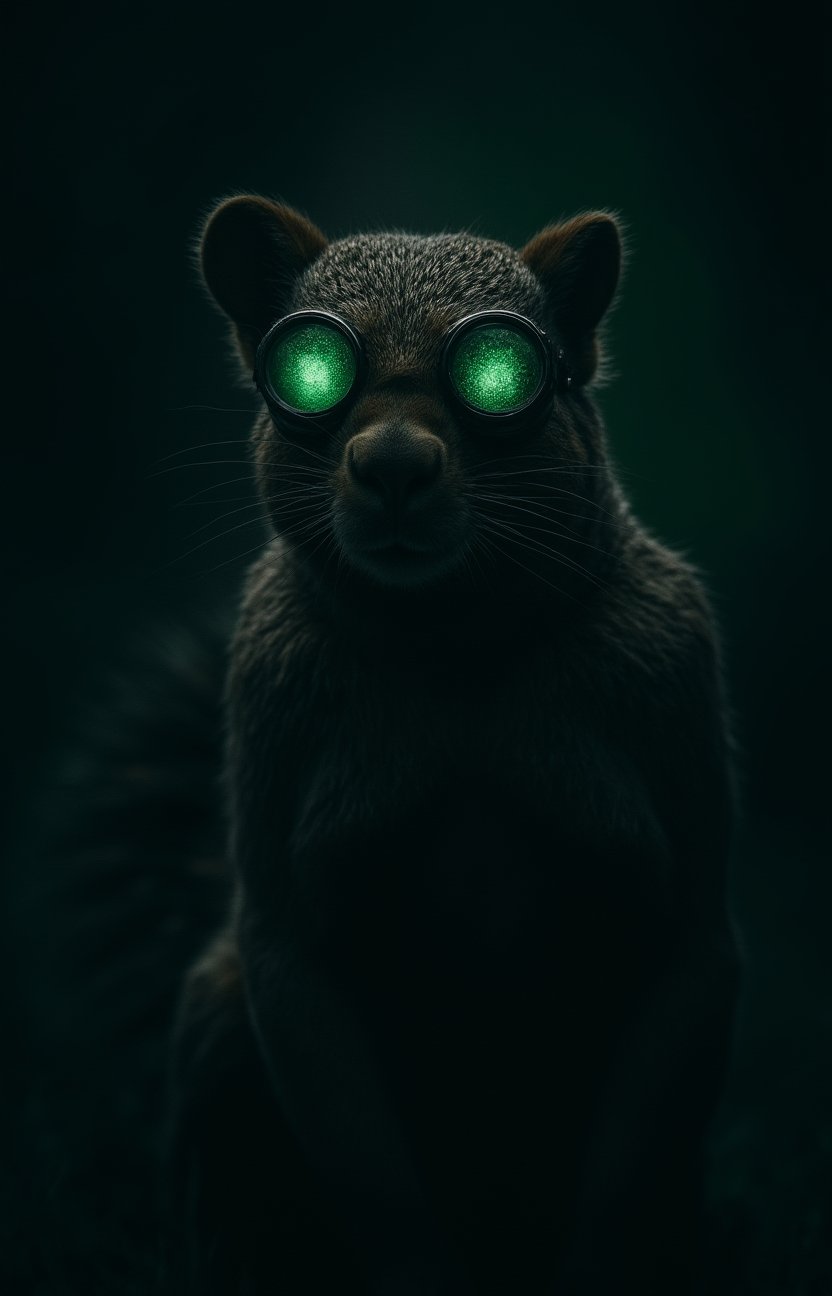 vantablack, a buff and tattooed squirrel at night is wearing green glowing night-vision goggles , tactical espionage, sneaky  <lora:- Flux1 - vanta_black_V2.0:.8>