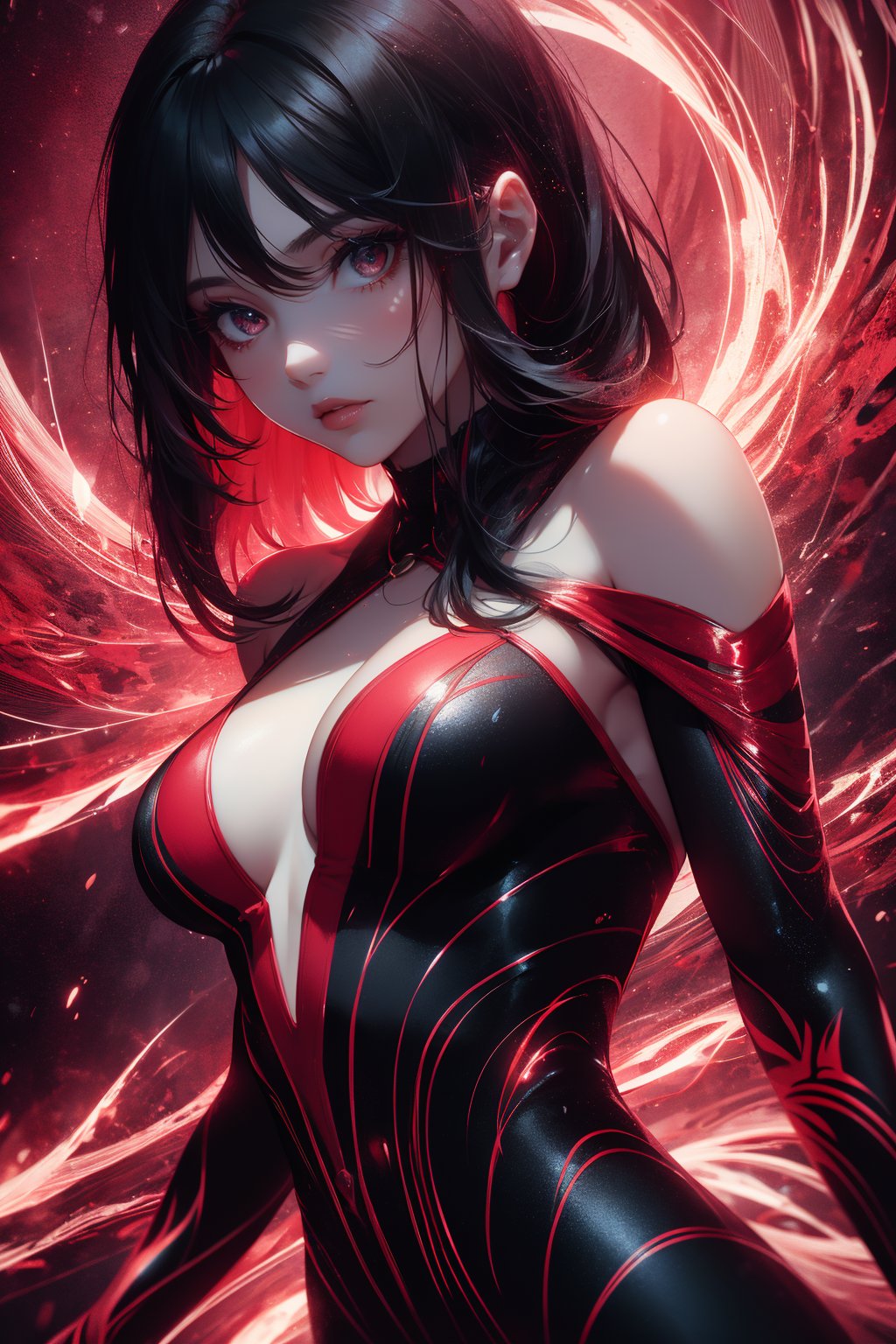 Best quality, hyper-high detail, very high res, image of a woman in red luminescence, flowing red lines, bzwaves, dark background, light trails, glowing, ethereal red waves, illuminating the dark, brightcolors, upper body, close up shot, mini bodycon dress, Solo,Perfect body shape,Black eyes, Black hair to the shoulders, (red theme), Beautiful eyes, shiny skin, Shiny hair, (detailed and beautiful shiny clothes)(dynamicposes:1.3)<lora:EMS-306342-EMS:0.700000>