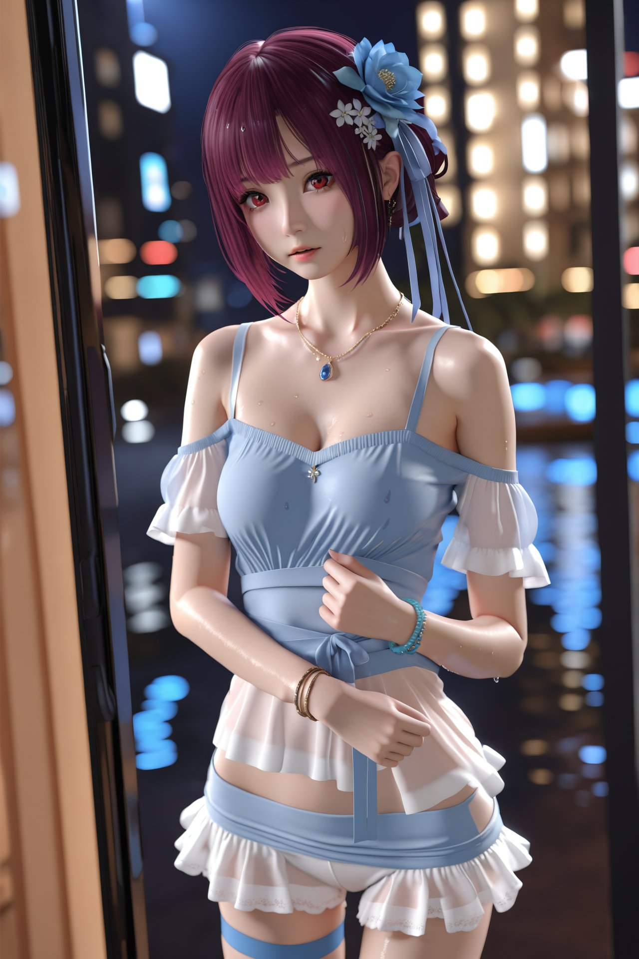 (masterpiece),(best quality),illustration,ultra detailed,hdr,Depth of field,(colorful),mmd,night,1girl,solo,red eyes,looking at viewer,hair ornament,short hair,upper body,wet hair, hair ribbon, hair flower, leg_garter, necklace, bracelet, cold shoulder,miniskirt,royal