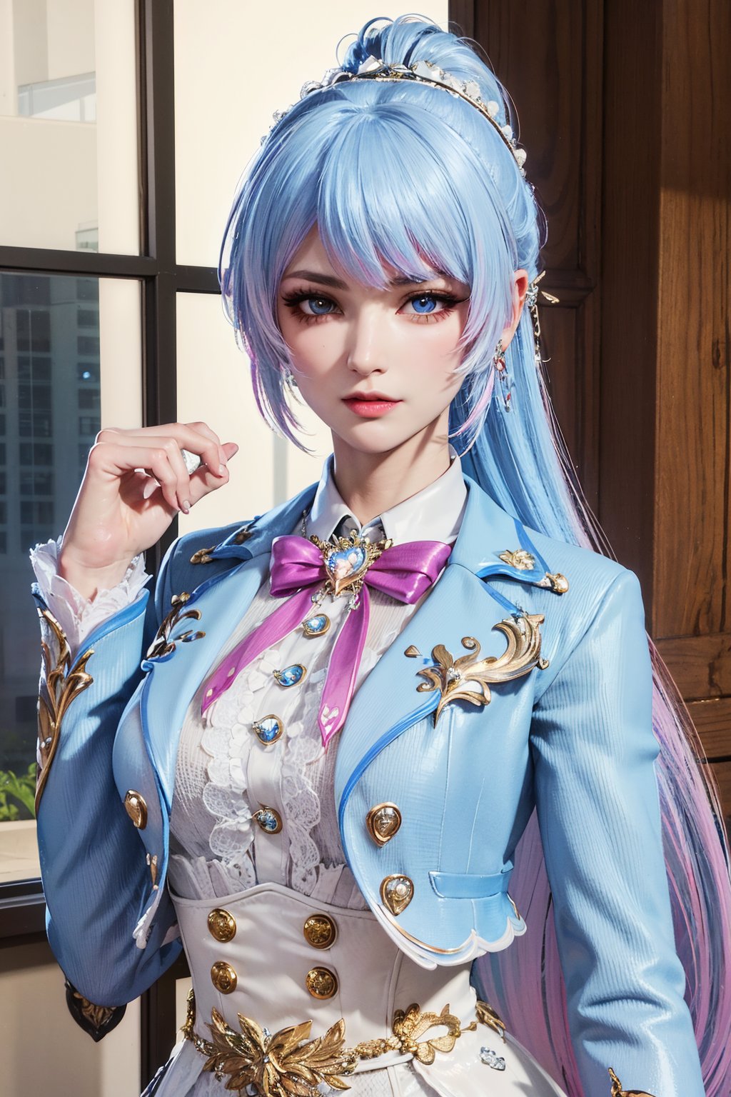 1girl, solo, long hair, blue eyes, hair ornament, long sleeves, dress, jewelry, closed mouth, blue hair, upper body, ponytail, earrings<lora:EMS-380581-EMS:0.500000>, <lora:EMS-363088-EMS:0.700000>