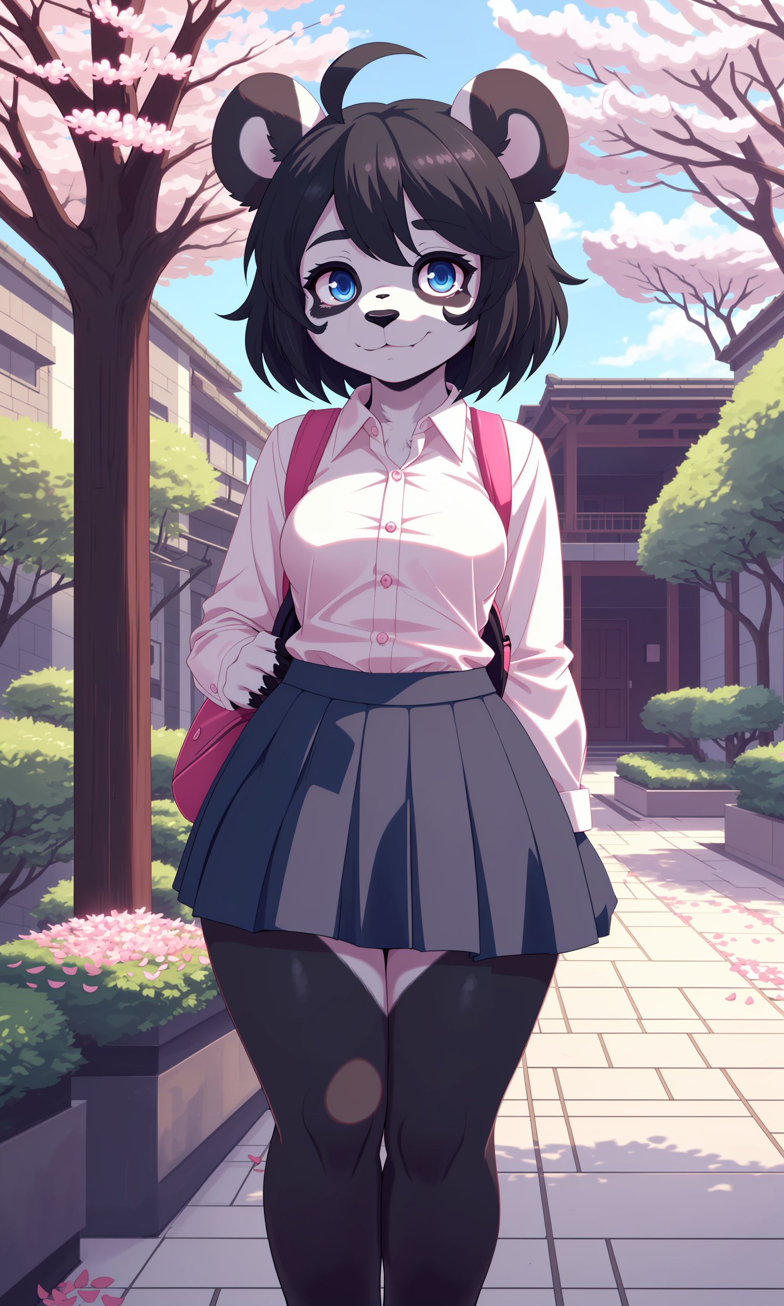 1girl, (panda girl, furry), panda ears, ahoge, animal nose, black fur, wide hips, cherry tree, pink petals, courtyard, white fur, black arms, eyes makeup, blue eyes, black hair, medium hair, upper body, looking at viewer, dress shirt, short pleated blue skirt, anime screencap, backpack