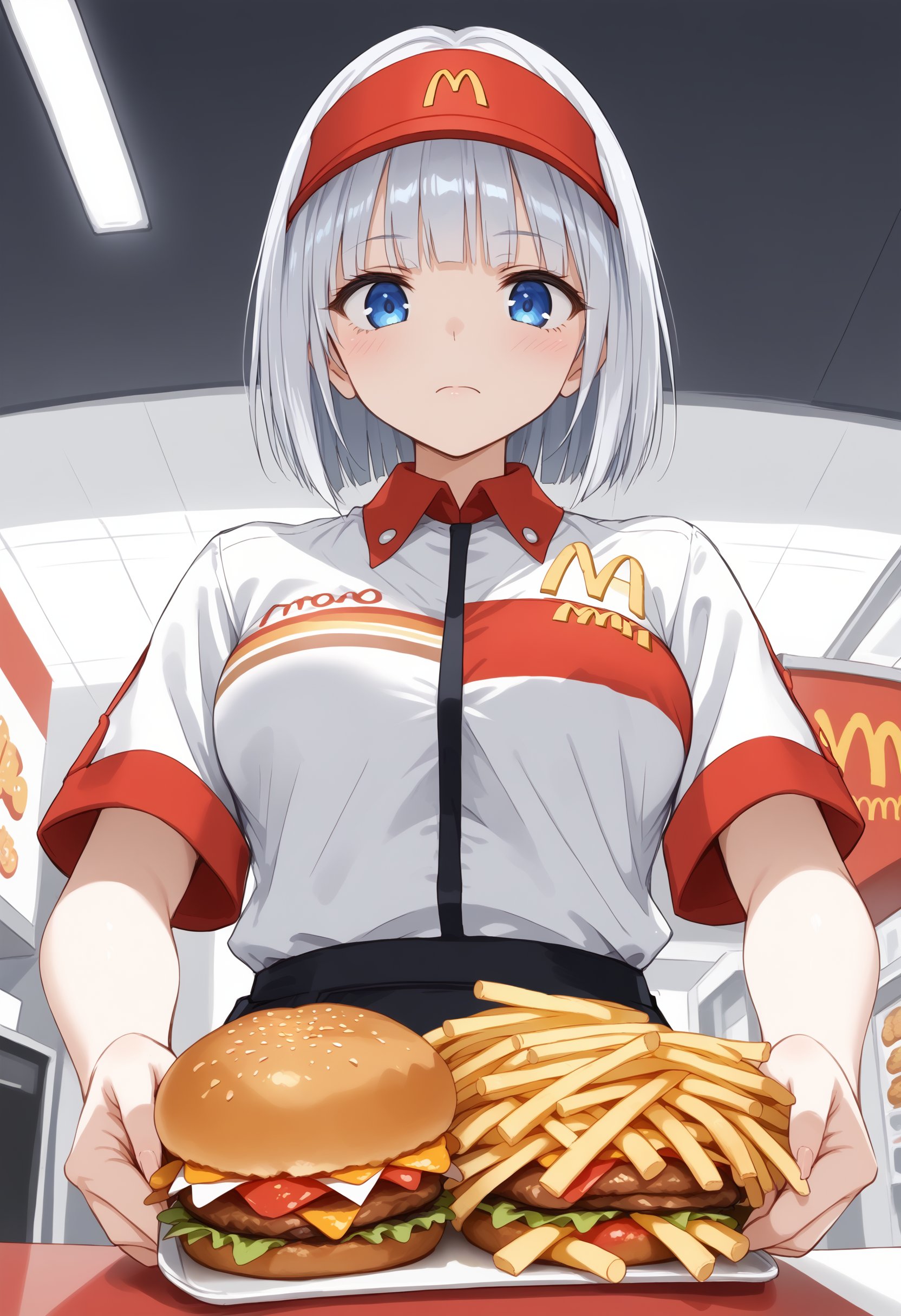 1girl, medium breasts,mac,employee uniform, fast food uniform, visor cap, short sleeves, clothes writing, <lora:Mac_Pony_v1:0.7>mcdonald's,from below, cinematic angle, looking down, silver hair, blue eyes,grimace,  closed mouth, hime cut hair,,