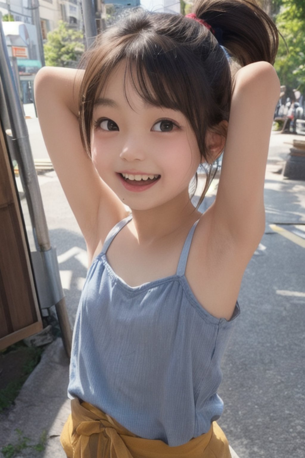 (RAW photo, best quality), masterpiece, beautiful and aesthetic, 16K, (HDR), (vibrant color), details, (potrait shot:1.2), japanese girls, (6 years old:1.4), with a happy expression, big eyes. teeth, happy laugh, moving face, red brown hair, pony_tail, camisole, suqat,armpits, sunshine, street, <lora:EMS-354973-EMS:0.400000>