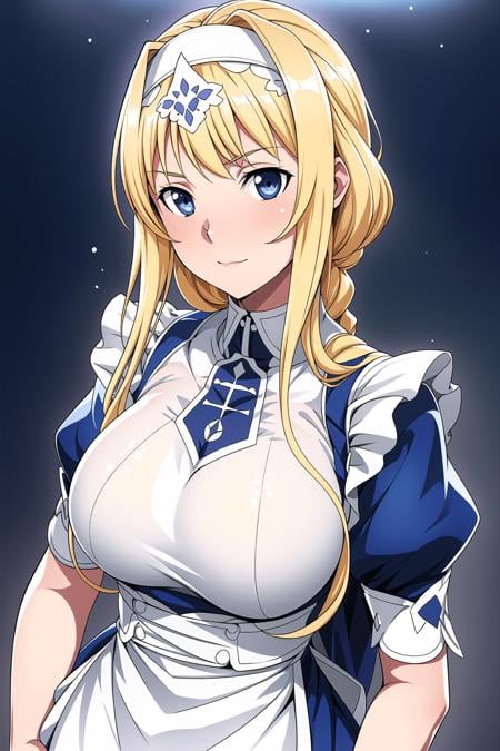 Simple White Background,dynamic pose,standing at attention,blue maid dress,white apron, puffy sleeves, short sleeves, <lora:Alice_Zuberg_Alicization-KK77-V1:0.7>,alice zuberg,maid,blue eyes, blonde hair,bangs,Long hair,headband,<lora:Oda_Non_Style-KK77-V2:0.3>,<lora:more_details:0.1>,1 girl, 20yo,Young female,Beautiful long legs,Beautiful body,Beautiful Nose,Beautiful character design, perfect eyes, perfect face,expressive eyes,perfect balance,looking at viewer,(Focus on her face),closed mouth, (innocent_big_eyes:1.0),(Light_Smile:0.3),official art,extremely detailed CG unity 8k wallpaper, perfect lighting,Colorful, Bright_Front_face_Lighting,White skin,(masterpiece:1.0),(best_quality:1.0), ultra high res,4K,ultra-detailed,photography, 8K, HDR, highres, absurdres:1.2, Kodak portra 400, film grain, blurry background, bokeh:1.2, lens flare, (vibrant_color:1.2),professional photograph,(Beautiful,large_Breasts:1.4), (beautiful_face:1.5),(narrow_waist), 