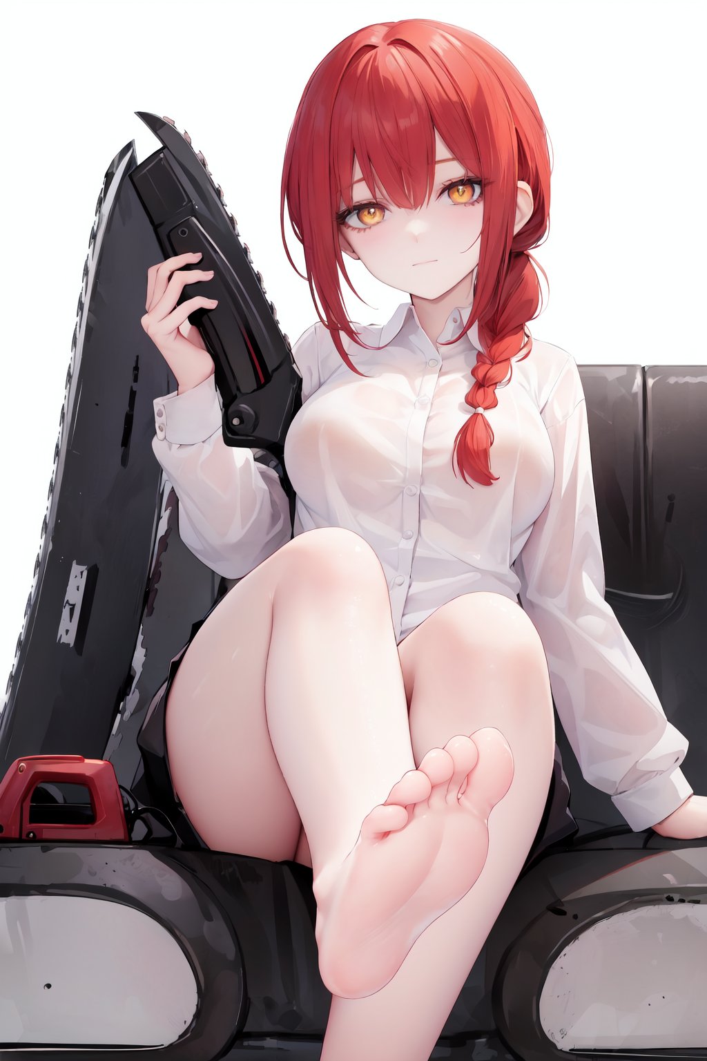 1girl,makima (chainsaw man),feet,solo,barefoot,soles,shirt,toes,red hair,sitting,foot focus,looking at viewer,crossed legs,white shirt,yellow eyes,braid,breasts,bare legs,legs,foreshortening,ringed eyes,braided ponytail,bangs,collared shirt,white background,long sleeves,sidelocks,simple background,long hair,thighs,medium breasts,closed mouth,