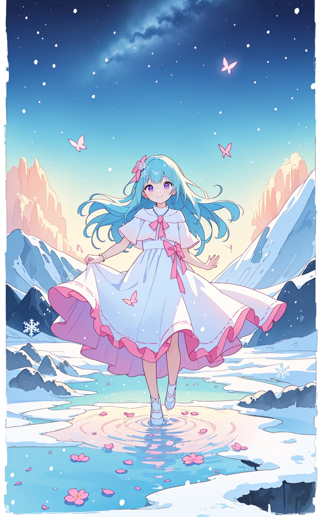 light blue hair,pink purple eyes,princess,magic,castle,river,wind,long hair,happy,(((white dress))),bow,big bow,smile,fcportrait,full body,<lora:standingFullBodyWithBackgroundStyle_v10Offset:1>,(((masterpiece))), ((the best quality, super fine illustrations, beautiful and delicate water)), ((very delicate light)), ((nature, painting)), ((fine lighting, more transparent stars, high-quality snowflakes, high-quality mountains, very fine 8KCG wallpapers)), (plateau), (((snow mountain))), sunrise, randomly distributed clouds, (snow field), cliff, ((rotating star sky)), ((lake in mountain stream)), luminous particles,((ink)),(water color),bloom effect,detailed beautiful grassland with petal,flower,butterfly,necklace,smile,petal,(((surrounded by heavy floating petal flow))),, masterpiece, best quality,