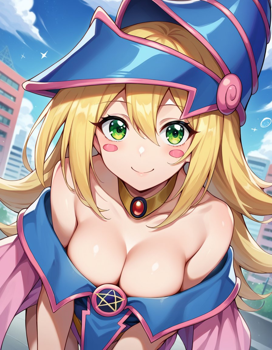 score_9, score_8_up, score_7_up, source_anime,darkmagiciangirl, <lora:dark-magician-girl-ponyxl-lora-nochekaiser:1>dark magician girl, blonde hair, choker, green eyes, long hair, blush, blush stickers, smile,bare shoulders, blue footwear, blush, blush stickers, cleavage, collarbone, duel monster, hat, off shoulder, pentacle, wizard hat,outdoors, cityscape, bent over,looking at viewer, dutch angle, cowboy shot,