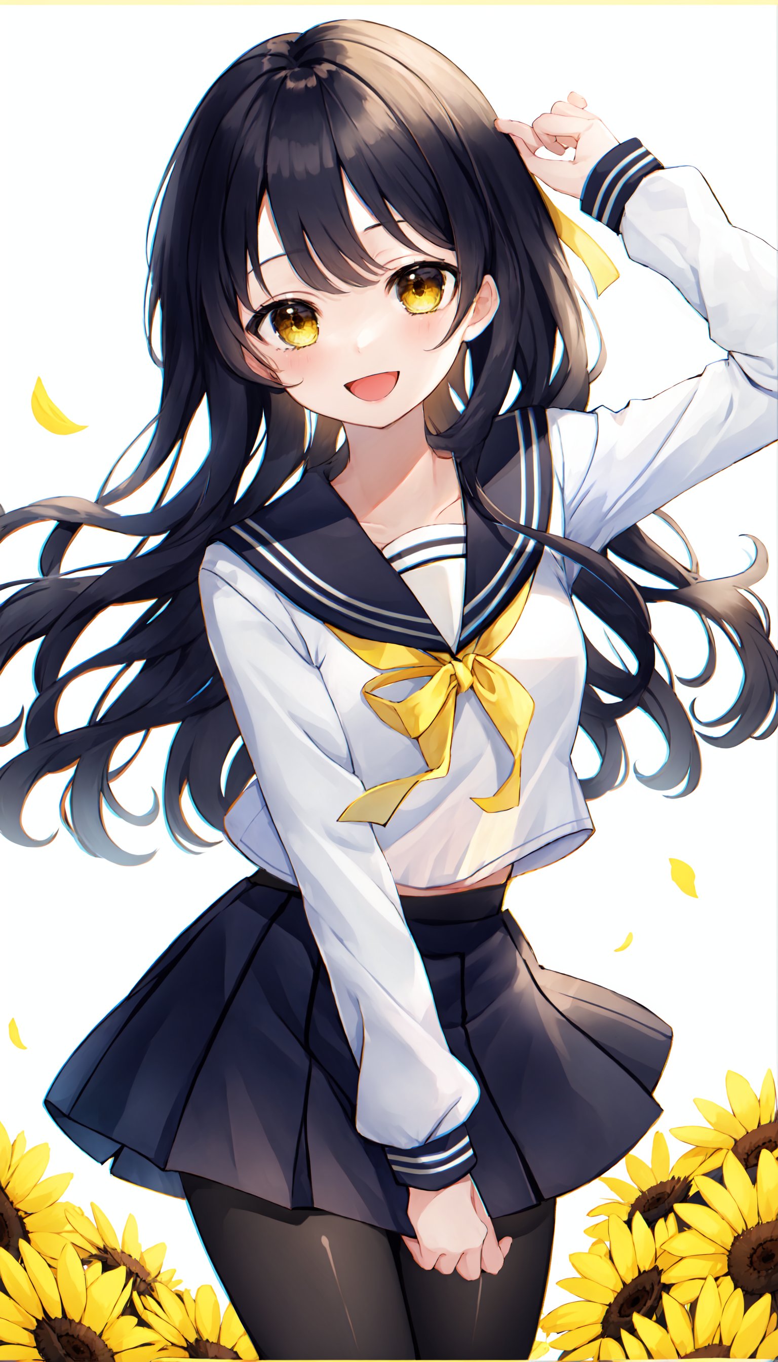 1girl, solo, sailor collar, black hair, long hair, flower, ribbon, looking at viewer, neck ribbon, smile, bangs, school uniform, shirt, open mouth, white shirt, black sailor collar, serafuku, :d, pantyhose, yellow ribbon