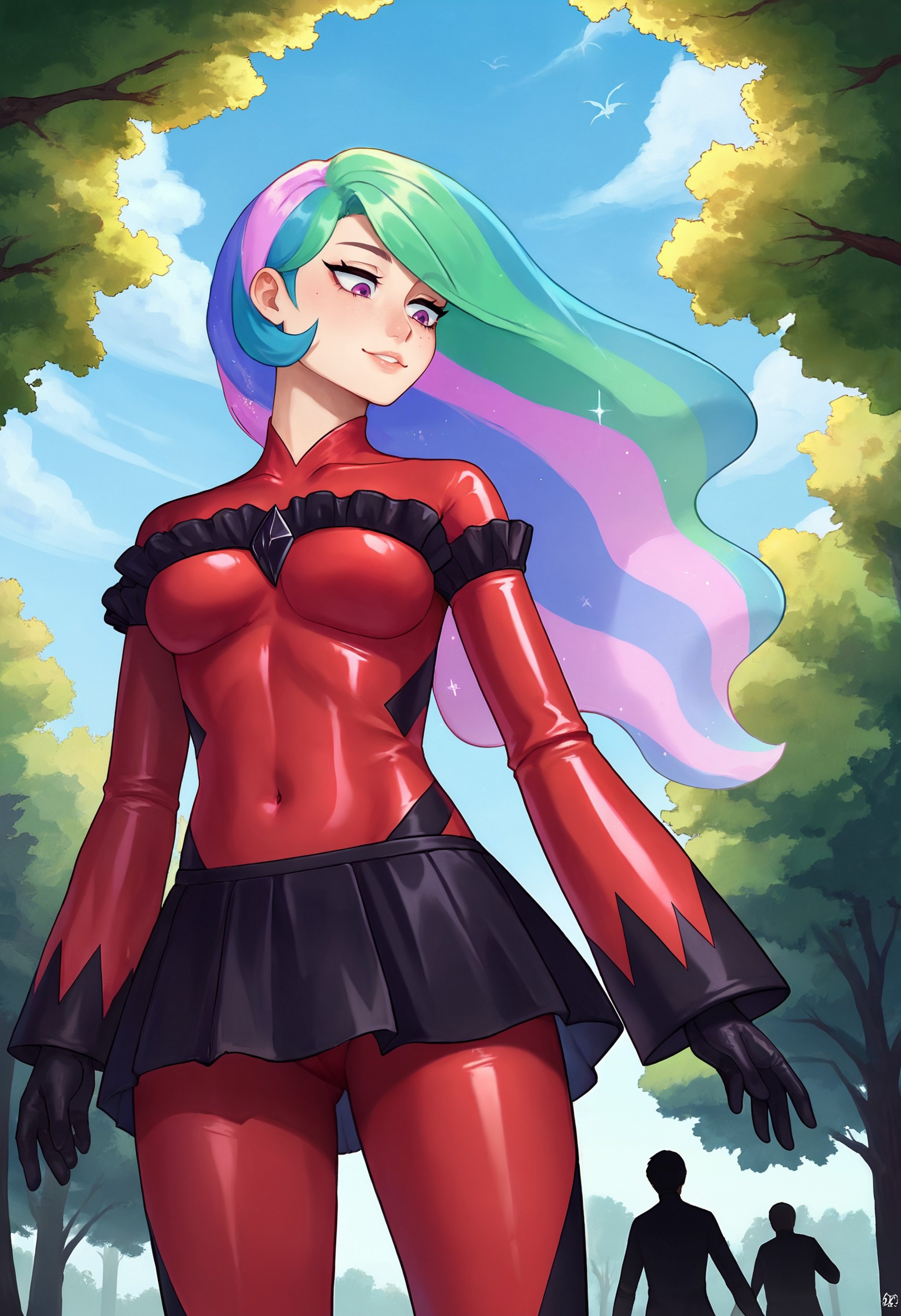 zPDXL, 1girl, solo, BREAKhuman celestia,red badend-bodysuit, black skirt, black frills, black gem, gloves,cowboy shot, from below,outdoors, tree, blue sky,<lora:bad-end-ot14-1701:0.8> 