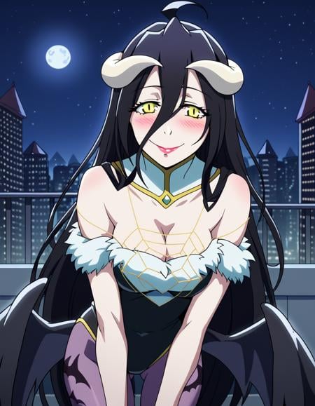 score_9, score_8_up, score_7_up, source_anime, overlordalbedo, <lora:overlord-albedo-s1s2-ponyxl-lora-nochekaiser:1>, albedo, ahoge, black hair, horns, long hair, yellow eyes,, <lora:morrigan-aensland-cosplay-ponyxl-lora-nochekaiser:1>, morriganaenslandcosplay,head wings, lipstick, makeup, animal print, bat print, bat wings, black leotard, cleavage, clothing cutout, demon girl, fur trim, fur-trimmed leotard, heart cutout, leotard, low wings, pantyhose, print pantyhose, purple pantyhose, wings, bare shoulders, collarbone,, outdoors, cityscape, night, moon, bent over, smile, blush,, cowboy shot, dutch angle,