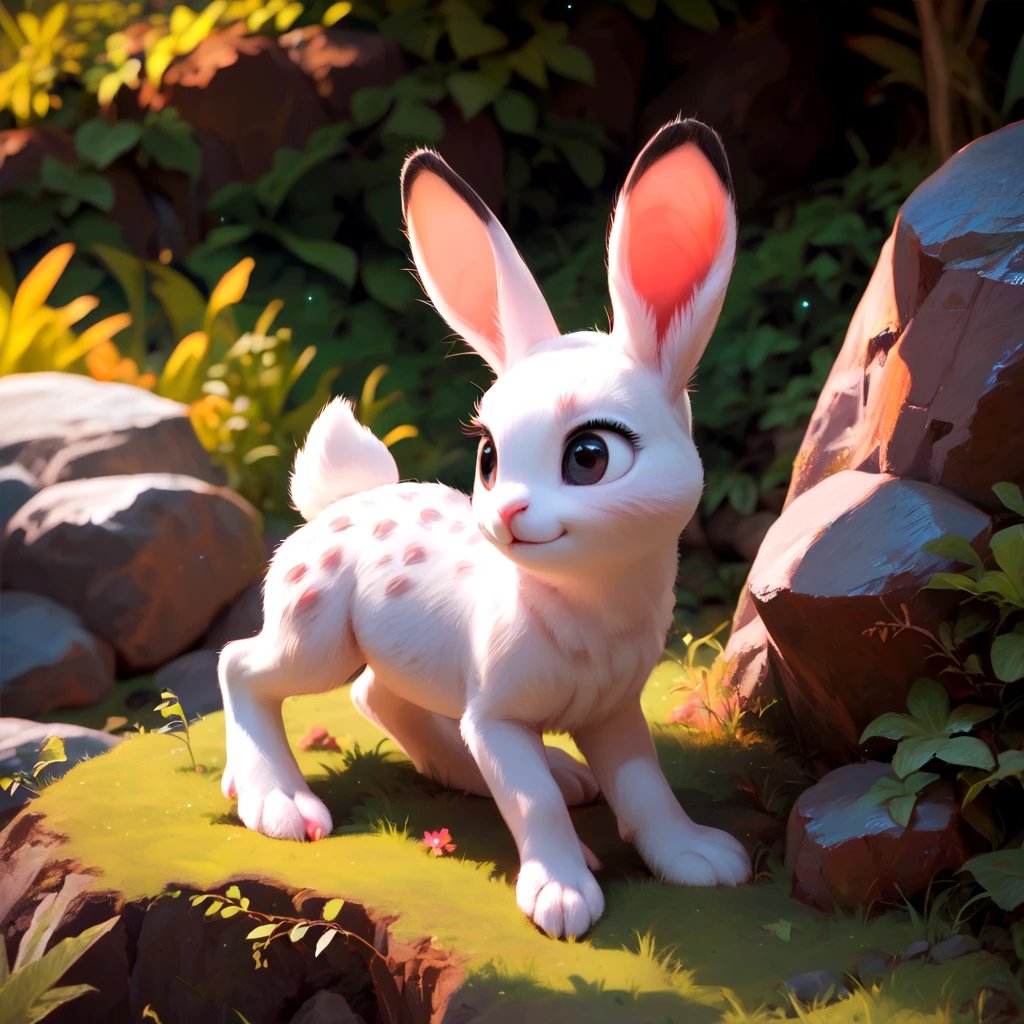 score_9, score_8_up, score_7_up,realistic, small rabbit_deer_hybrid, cute, rocky and lush Forrest, vivid colors