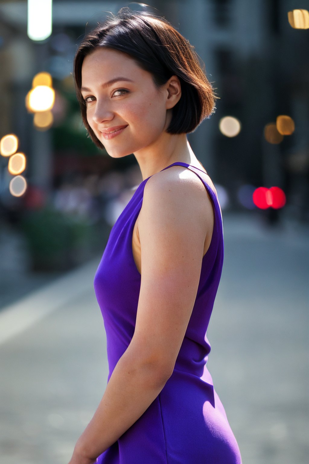 <lora:Belladonna_PS_Lora:0.85>, photo of b3ll4d0nn4, 1girl, (cowboy shot:1.2), from side, short hair, smile, looking away, detailed background, purple long dress, walking at the city streets, epiCRealism, epiCPhoto 