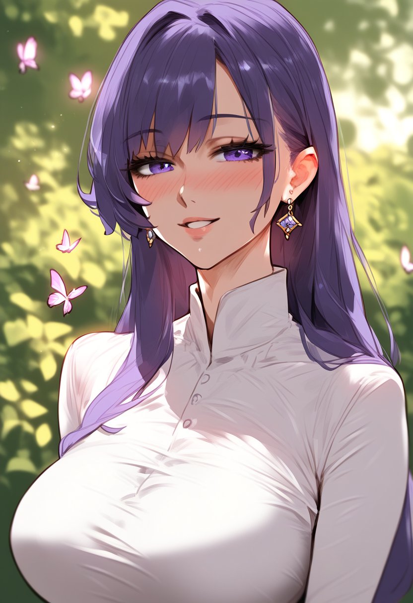 score_9, score_8_up, score_7_up, score_6_up, source_anime, <lora:CYR 0.1v:1>,1girl, solo, butterfly, purple hair, purple eyes, long hair, earrings, looking at viewer, blurry, smile, dress, upper body, bangs, parted lips, white dress, large breasts, blush, depth of field, long sleeves, collared dress, eyelashes