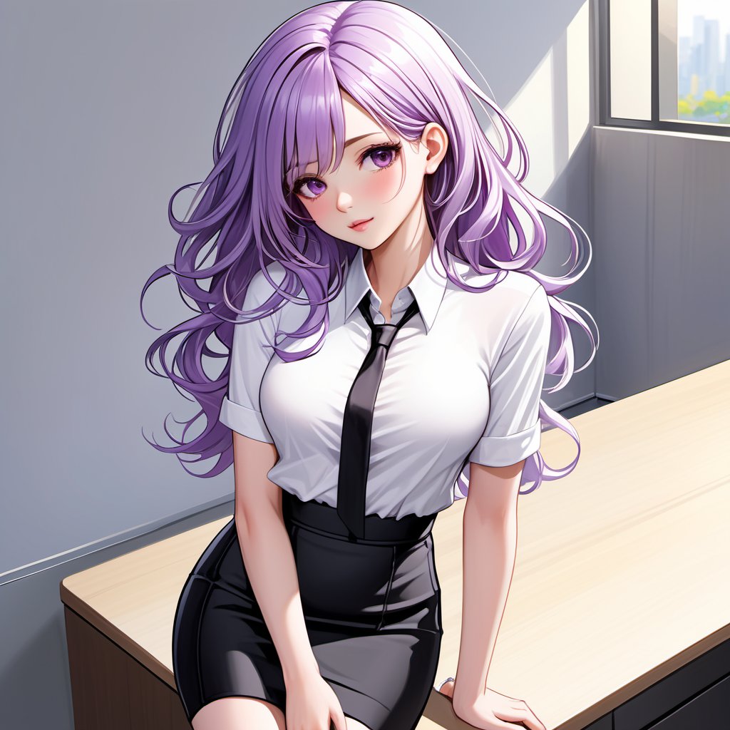 Masterpiece,  high quality, 1 pretty,  lovely girl,  white skin,  light purple hair,  shoulder-length hair,  light curls,  wearing a white shirt and a long black pencil skirt,  Super Detail,  Full HD