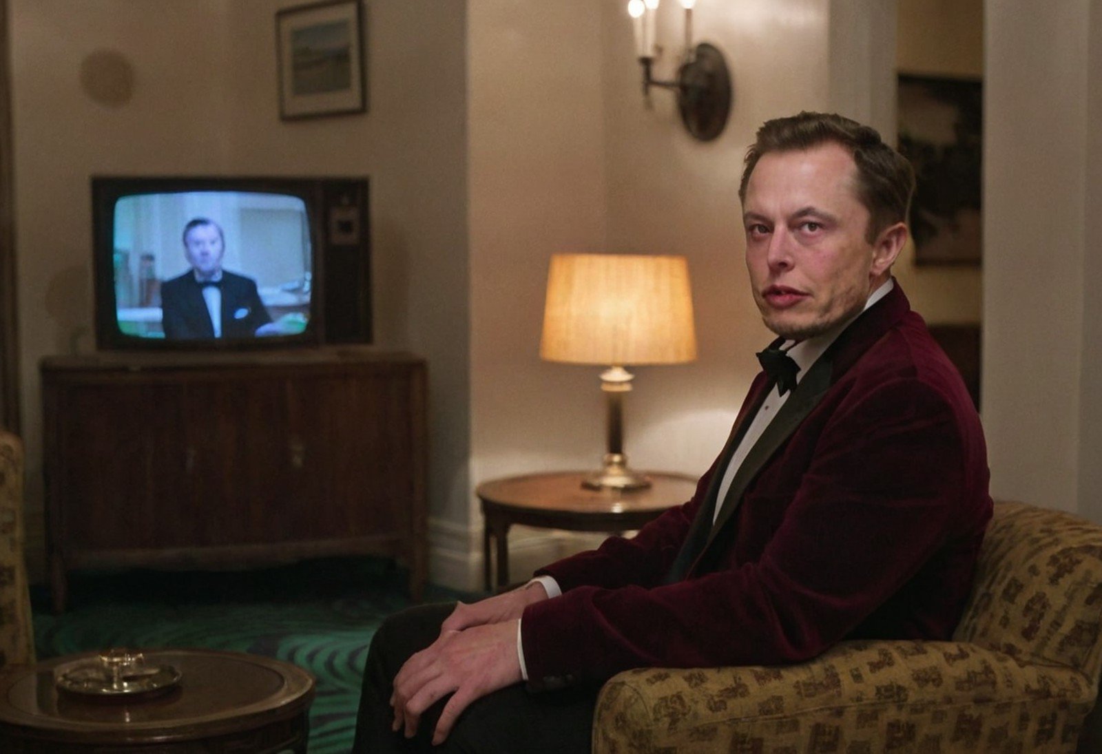 CineShining, indoors, Overlook Hotel, room 237, living room, (Elon Musk closeup:1.2)