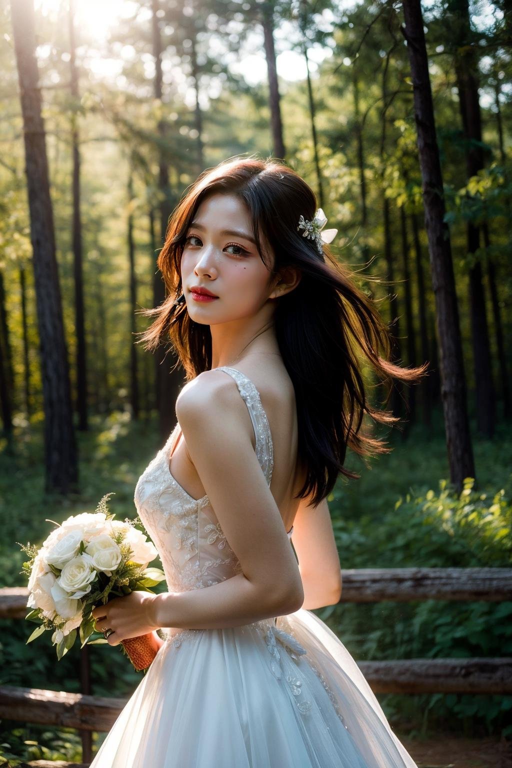 (realistic), (hyperrealism),best quality, masterpiece,ultra high res, (photorealistic:1.4),1girl, wedding dress, forest, flowers, dynamic pose, sun light,cowboy shot,<lora:makina69_leechaeyoung_v2.0:1> ,<lora:add_detail:0.6>