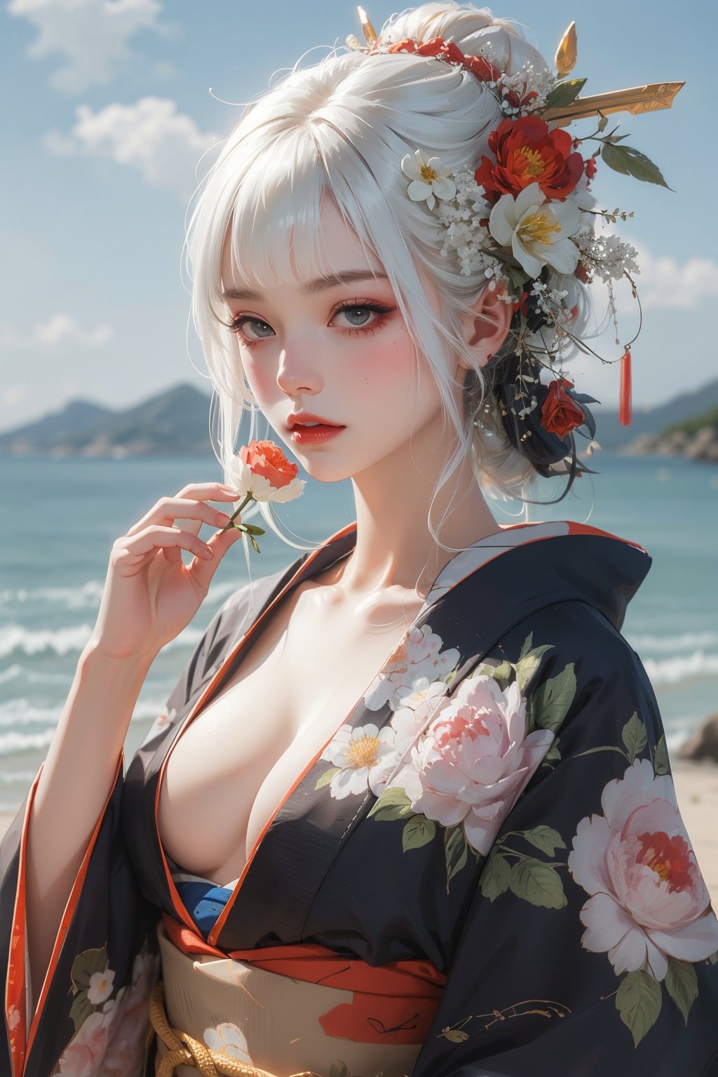 1girl,kimono,<lora:mdxue-000006:0.6>,hair flower,bangs,solo,cleavage,upper body,over the sea,white hair,, masterpiece,best quality,ultra-detailed,