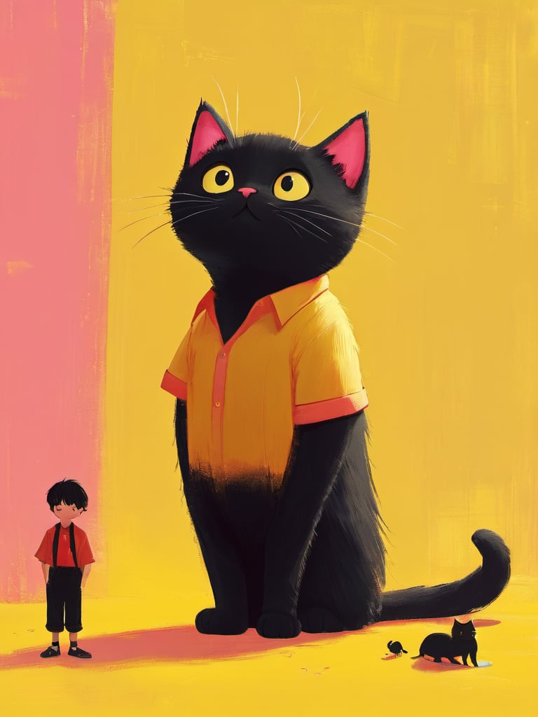 zyx01, cat, 1boy, yellow background, simple background, shirt, animal, standing, black cat, pants, black pants, whiskers, male focus, black hair, red shirt, short sleeves, oversized animal, size difference, shoes, pink shirt, black eyes,<lora:zyx01:0.8>,, masterpiece, best quality,