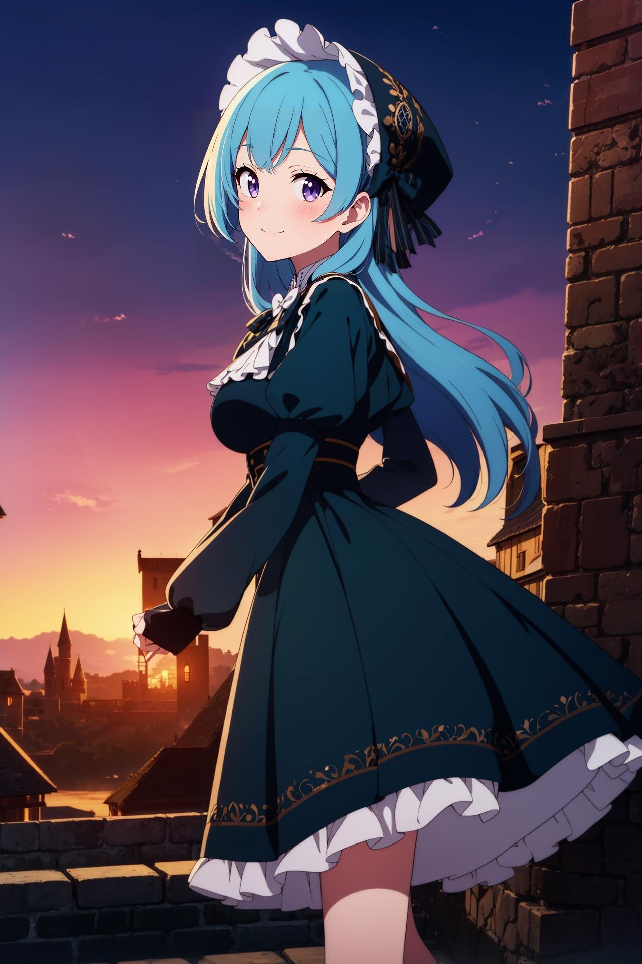 1girl,blue_hair,purple_eyes,long_hair,blue_dress,frills,long_sleeves,(bonnet),medium_breasts,looking at viewer, blush,smile,town,country_side,outdoors,dusk,bow,hair ornament, frilled dress,european clothes,medieval,stone, castle, chimney,old,gothic,from_side, anime_coloring,anime_keyvisual, colorful,vivid<lora:envybetterhandsLocon_beta2:1>