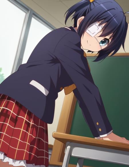 score_9, score_8_up, score_7_up, source_anime,rikkatakanashi, <lora:rikka-takanashi-s2-ponyxl-lora-nochekaiser:1>,rikka takanashi, short hair, blue eyes, black hair, ahoge, one side up, eyepatch, medical eyepatch,skirt, school uniform, jacket, plaid, kneehighs, plaid skirt, blazer, icho private high school uniform,indoors, classroom, bent over, smile,looking at viewer, cowboy shot, dutch angle, solo,