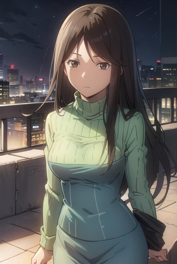 namieyagiri, <lora:namie yagiri s1-lora-nochekaiser:1>,namie yagiri, long hair, black hair, (brown eyes:1.3), (swept bangs:1.5),BREAK sweater, turtleneck, green sweater,BREAK outdoors, city, night, sky, starry sky, moon,BREAK looking at viewer, (cowboy shot:1.5),BREAK <lyco:GoodHands-beta2:1>, (masterpiece:1.2), best quality, high resolution, unity 8k wallpaper, (illustration:0.8), (beautiful detailed eyes:1.6), extremely detailed face, perfect lighting, extremely detailed CG, (perfect hands, perfect anatomy),