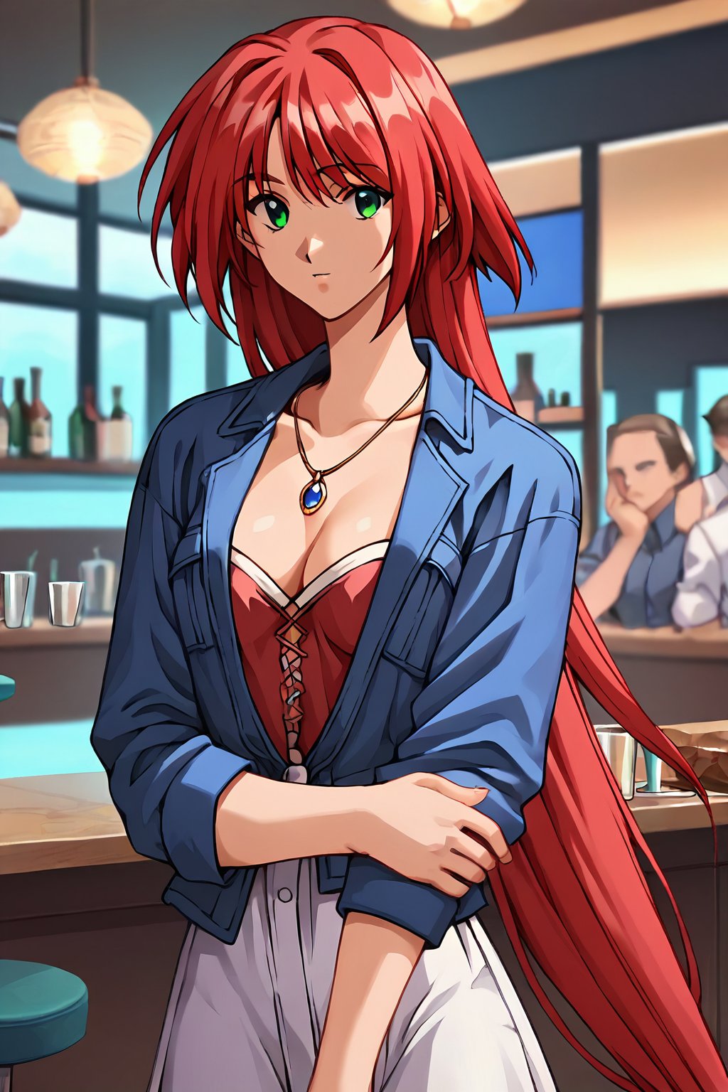 score_9, score_8_up, score_7_up, score_6_up, score_5_up, score_4_up, source_anime, ogata shizuka, red hair,1girl, solo, long hair, jewelry, green eyes, red hair, necklace, sleeves rolled up, very long hair, cowboy shot, looking at viewer, shirt, white skirt, breasts,cleavage, blue jacket, mini skirt, bar,masterpiece, perfect face, best quality, beautiful girl, blurry background, cute girl, beautiful eyes, shiny eyes, anime coloring, anime screencap, absurdres,<lora:ogata shizuka anyt 905:0.8>