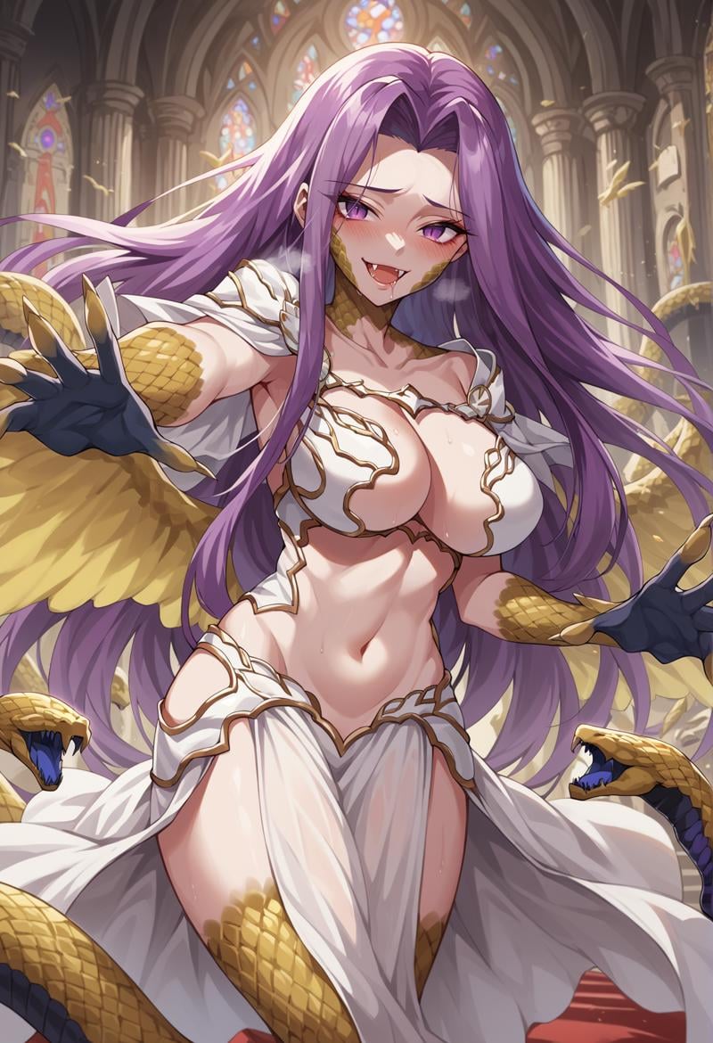 1girl, monster girl, purple hair, absurdly long hair, purple eyes, snake hair, claws, scales, white clothes, revealing clothes, pelvic curtain, wings, indoors, church, reaching reaching towards viewer, smile, fang, saliva, open mouth, yandere, heavy breathing, blushing <lora:Meduseless:1>, score_9, score_8_up, score_7_up, score_6_up, score_5_up, score_4_up, (m-da s-tarou:0), masterpiece