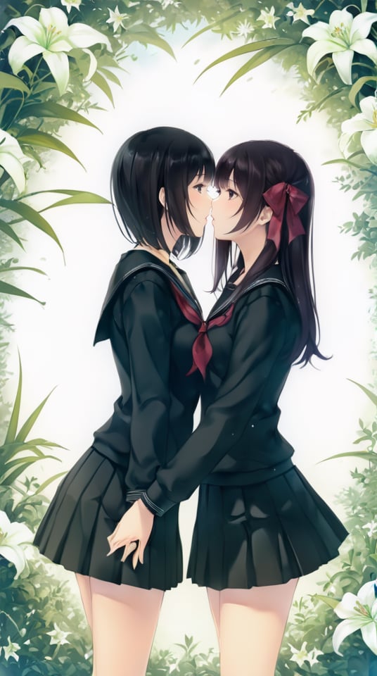 (best quality), ((masterpiece)), (highres), illustration, original, extremely detailed,   <lora:黑暗物语 葬の花:0.7>multiple girls, 2girls, black hair, school uniform, holding hands, flower, yuri, lily \(flower\), interlocked fingers, twintails, serafuku, ribbon, hair ribbon, short hair, long hair, imminent kiss, skirt