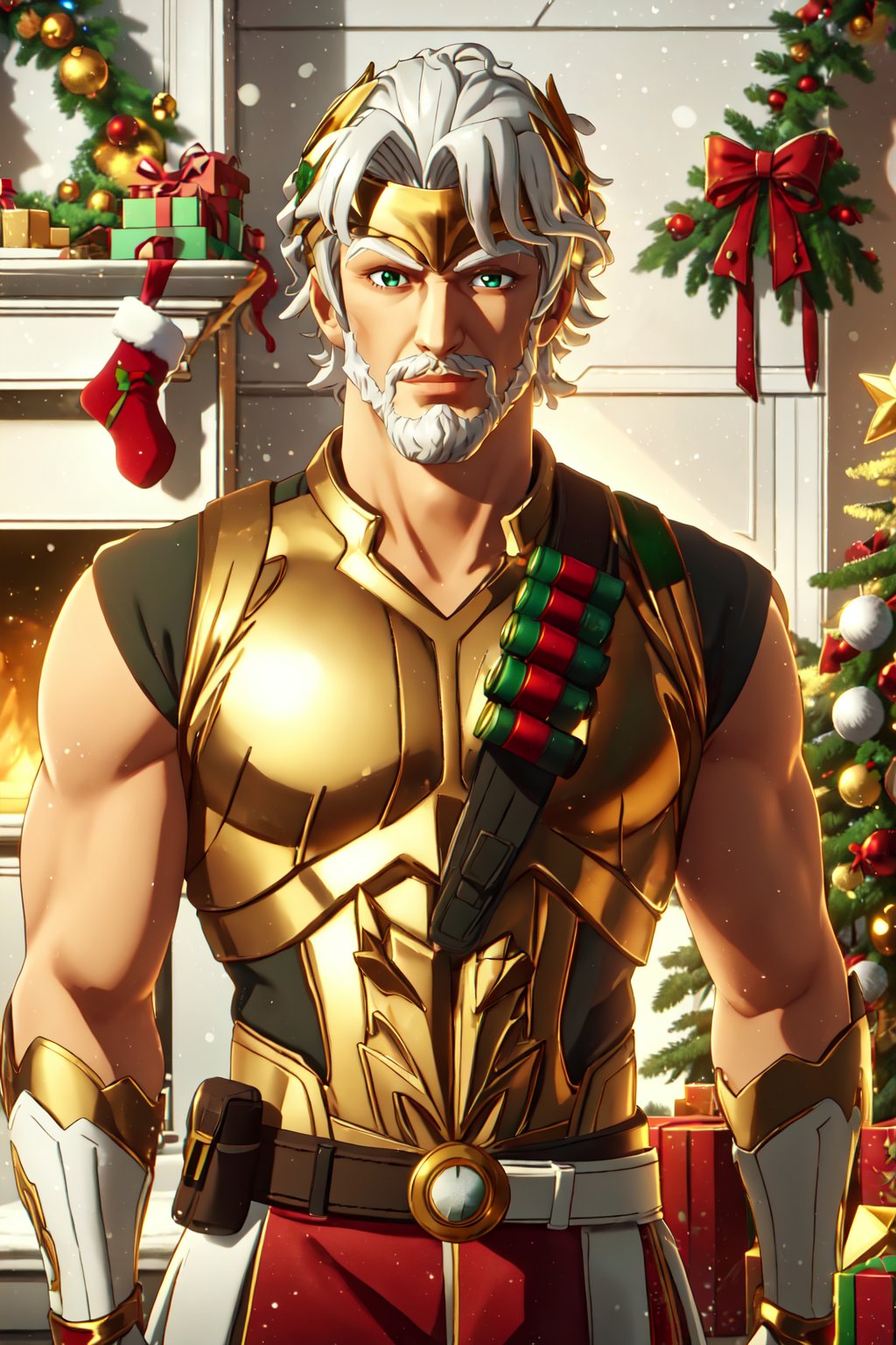 <lora:zeusfortnite-09:0.5> zeusfortnitev1, 1boy, white skin, white hair, mature male, green eyes, shotgun shell bandolier, facial hair, golden armor, looking at viewer,  <lora:ChristmasDecorativeStyle:0.8> ChristmasDecorativeStyle