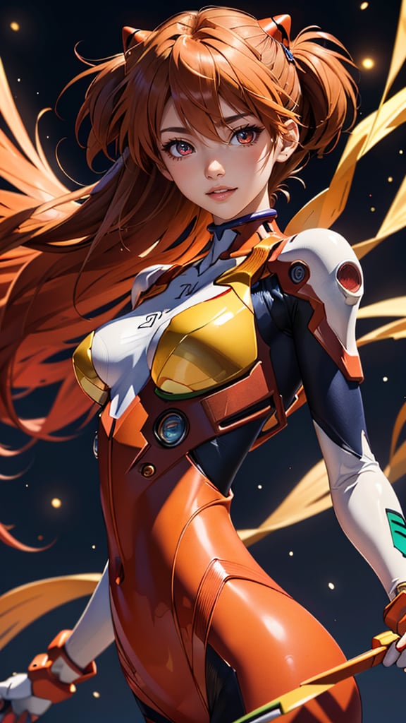 (best quality, masterpiece, colorful, highest detailed) upper body photo, fashion photography of cute (Asuka Langley), in high detailed textured Evangelion red plugsuit, (ultra-detailed body), (light smile:0.3), moonlight passing through hair, (colorful background:1.3), (intricate details), (dynamic angle)