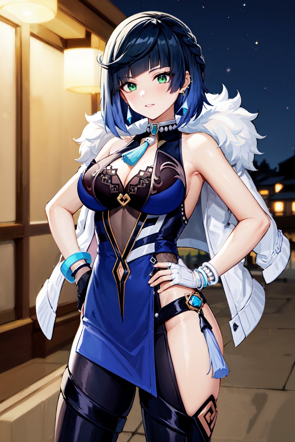 masterpiece, best quality, highres, aayelan, short hair, bob cut, braid, green eyes, earrings, neck tassel, jacket on shoulders, fur-trimmed jacket, white jacket, cleavage, blue dress, sleeveless, bracelet, asymmetrical gloves, fingerless gloves, elbow gloves, pelvic curtain, <lora:yelan_v1:0.7>, hand on hip, street, night, standing,  cowboy shot, 