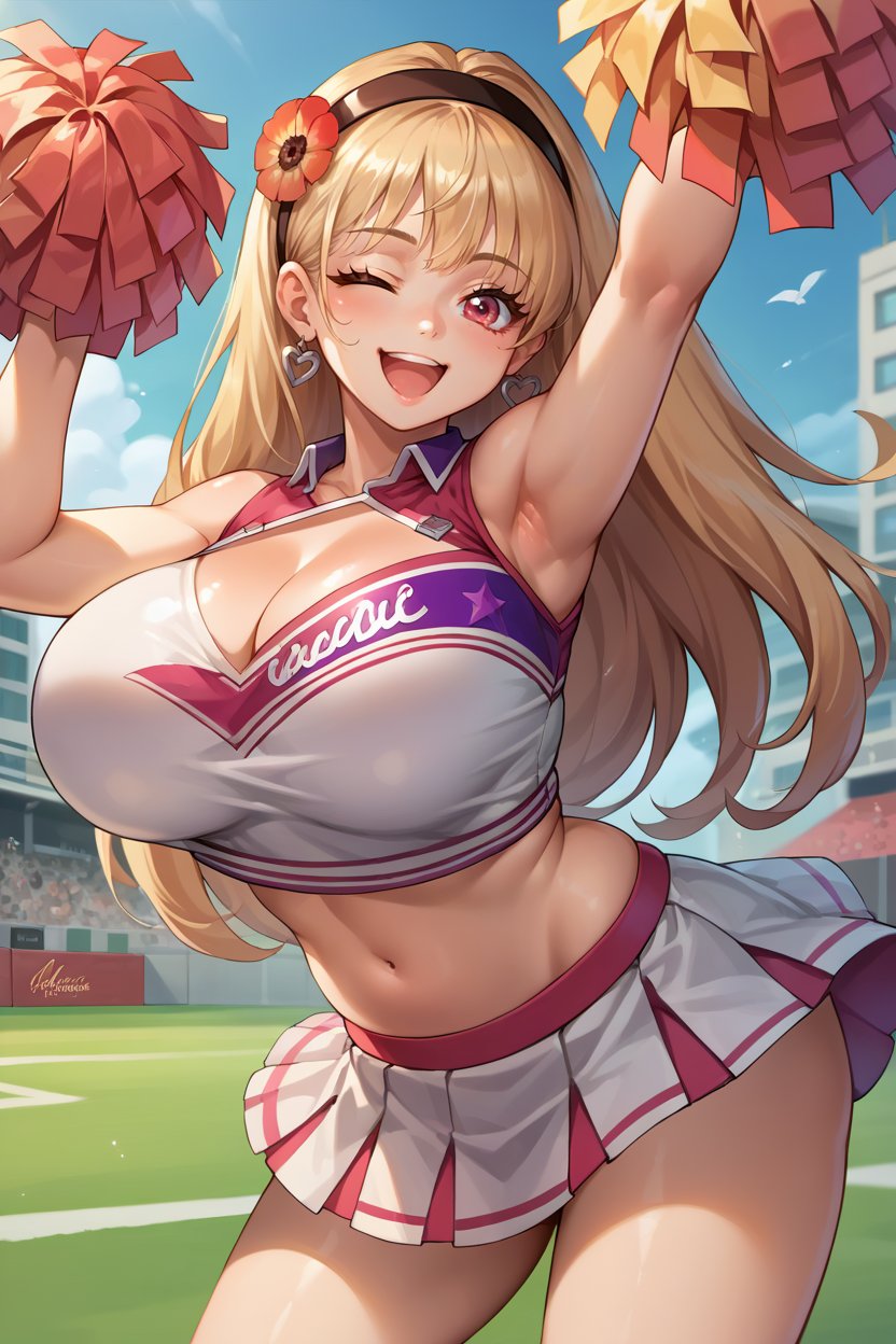 score_9, score_8_up, score_7_up, score_6_up, source_anime BREAK 1girl, solo  <lora:dcanemone-pdxl-nvwls-v1:1> dcAne, blonde hair, hairband, hair flower, pink crop top, midriff, pink miniskirt, cheerleader, pom pom \(cheerleading\), large breasts, happy, open mouth, city, wink, looking at you