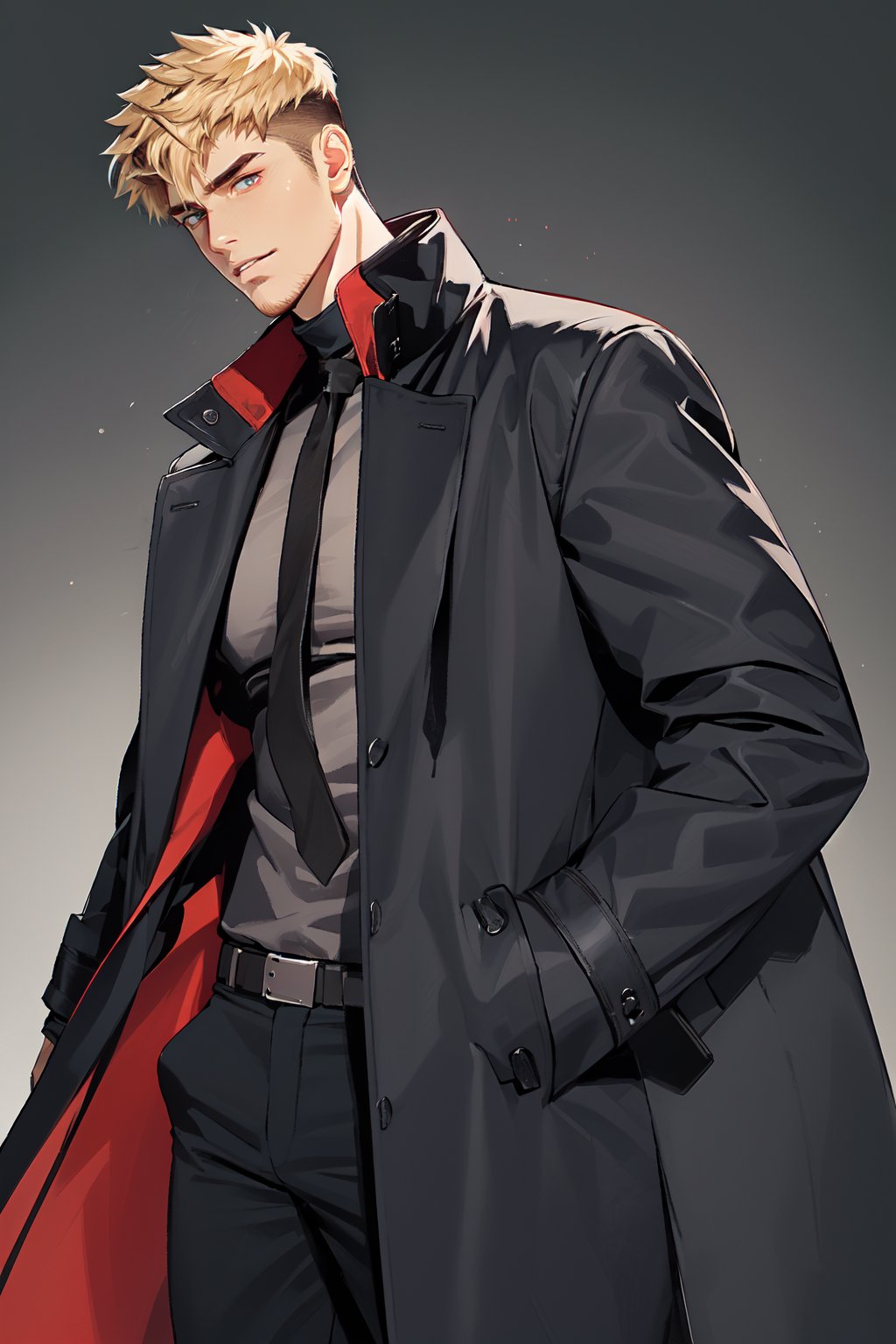 1boy,(Tall young handsome man, blonde, red eyes, glowing eyes, levi ackerman hairstyle,) coat,black coat,