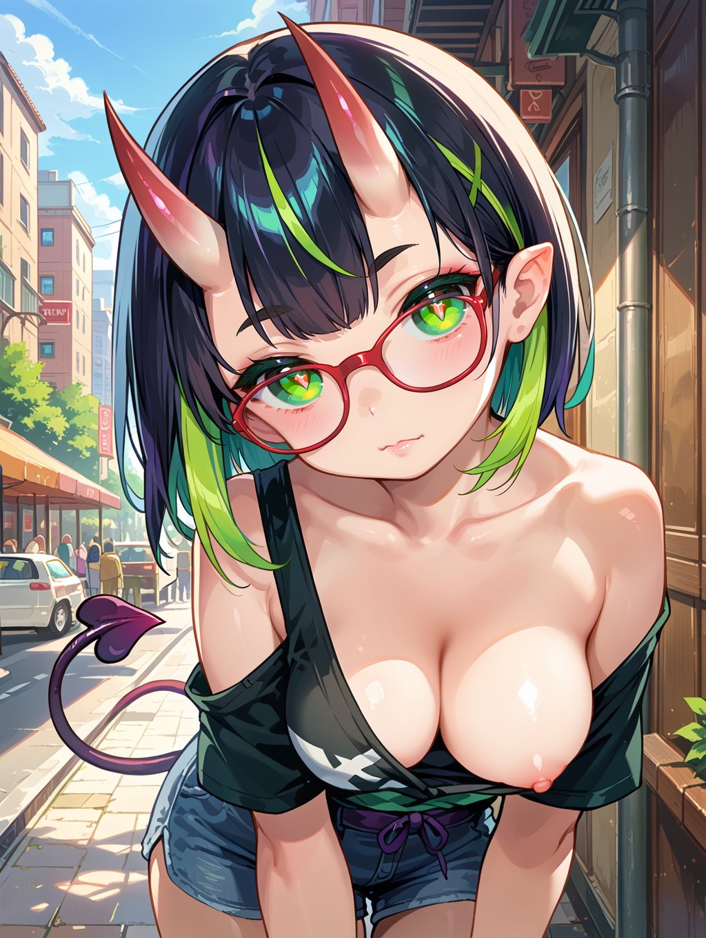 score_9, score_8_up, score_7_up,source_anime,1girl, solo, two tone hair, black hair, green hair, oni horns, demon tail, medium breasts, x-shaped pupils, green pupils, black sclera, glasses, leaning forward, look at the viewer, head tilt, clothes down, breast slip,public indecency,   <lora:GyokaiXL_P6_lokr_V53P1E1:0.5>