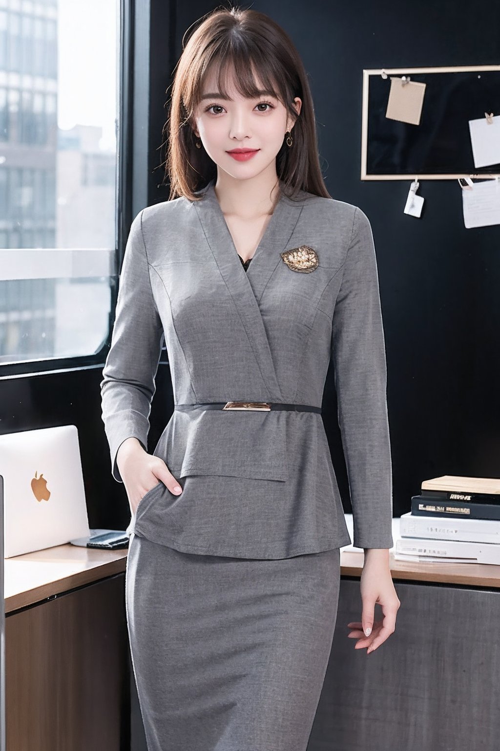 HDR,UHD,8K,best quality,masterpiece,Highly detailed,Studio lighting,ultra-fine painting,sharp focus,physically-based rendering,extreme detail description,Professional,masterpiece, best quality,delicate,beautiful,(1girl:2),(gray office_lady_uniform:1.5),(looking_at_viewer:1.2), realistic,(blunt bangs:1.2),(standing:1),office background,(Half-length photo:1),(smile:1),
