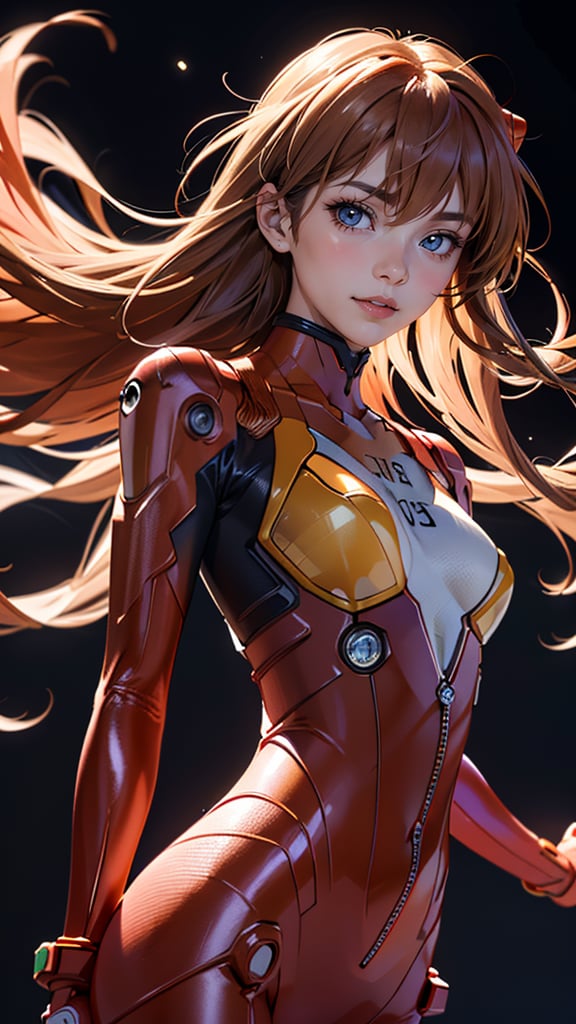 (best quality, masterpiece, colorful, highest detailed) upper body photo, fashion photography of cute (Asuka Langley), in high detailed textured Evangelion red plugsuit, (ultra-detailed body), (light smile:0.3), moonlight passing through hair, (colorful background:1.3), (intricate details), (dynamic angle)