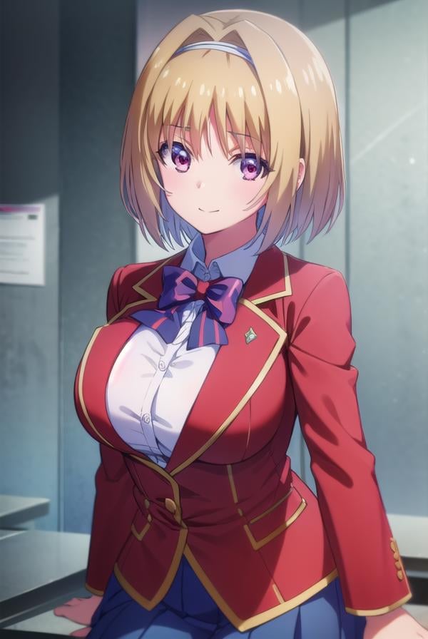 kikyoukushida, <lora:kikyou kushida s2-lora-nochekaiser:1>,kikyou kushida, short hair, blonde hair, (red eyes:1.3), hairband, hair intakes, smile,BREAK shirt, long sleeves, bow, school uniform, jacket, white shirt, bowtie, blue bow, blazer, (red blazer:1.5),BREAK indoors, classroom,BREAK looking at viewer, (cowboy shot:1.5),BREAK <lyco:GoodHands-beta2:1>, (masterpiece:1.2), best quality, high resolution, unity 8k wallpaper, (illustration:0.8), (beautiful detailed eyes:1.6), extremely detailed face, perfect lighting, extremely detailed CG, (perfect hands, perfect anatomy),