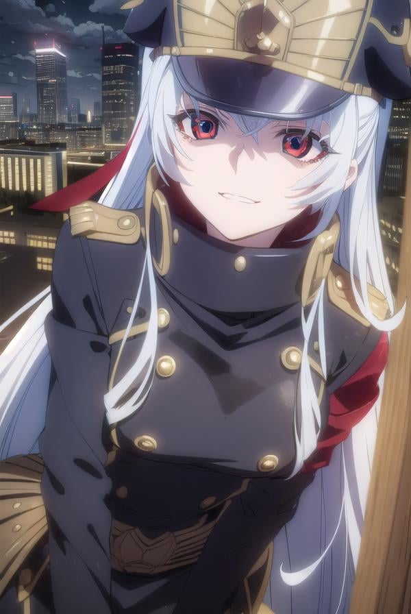 recreatorsaltair, <lora:recreators altair s1-lora-nochekaiser:1>, altair, long hair, (red eyes:1.3), very long hair, white hair, smile, grin,BREAK gloves, hat, uniform, military, military uniform, shako cap,BREAK outdoor, city, night, sky, buildings, moon, clouds,BREAK looking at viewer, (cowboy shot:1.5),BREAK <lyco:GoodHands-beta2:1>, (masterpiece:1.2), best quality, high resolution, unity 8k wallpaper, (illustration:0.8), (beautiful detailed eyes:1.6), extremely detailed face, perfect lighting, extremely detailed CG, (perfect hands, perfect anatomy),