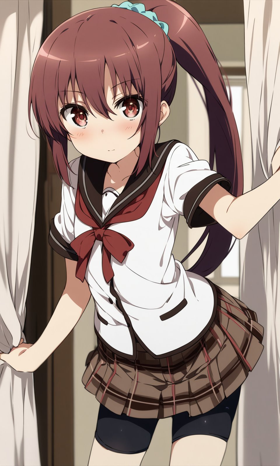 masterpiece, best quality, by ogipote, BREAKsuzukiikumi, 1girl, bike shorts, brown eyes, brown hair, cowboy shot, curtains, hair scrunchie, long hair, looking at viewer, plaid, pleated skirt, ponytail, school uniform, scrunchie, serafuku, short sleeves, skirt, solo<lora:SuzukiIkumi_XL:1>