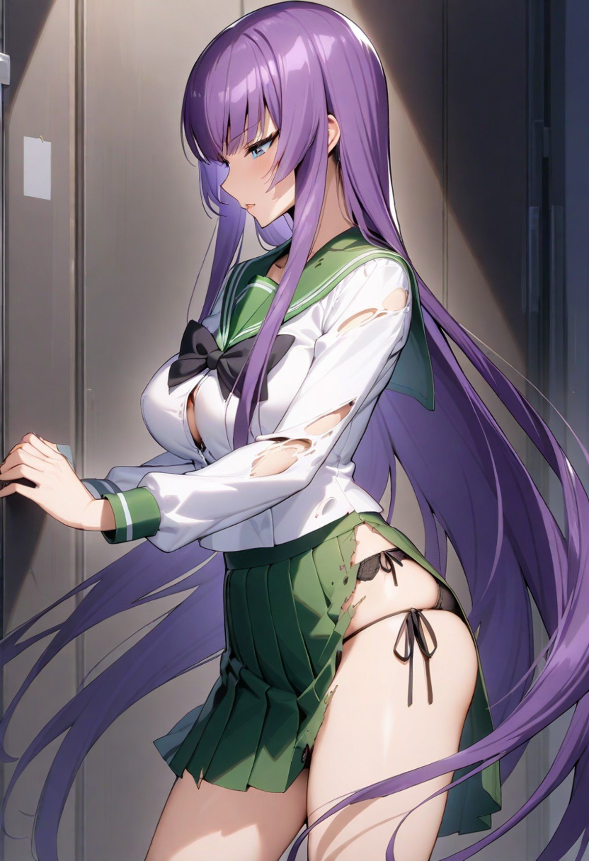 Saeko Busujima,1girl, long hair, solo,school uniform, blue eyes, underwear, panties, purple hair, side-tie panties, skirt, very long hair,  side slit,  serafuku, torn clothes, breasts,  masterpiece, best quality,<lora:Saeko Busujima A31 e1-000009:0.75>