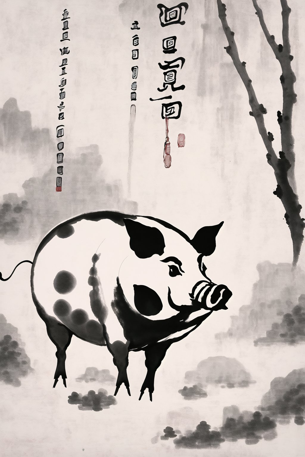 <lora:水墨元素:1>,chinese ink and wash painting,pig,in a meadow,