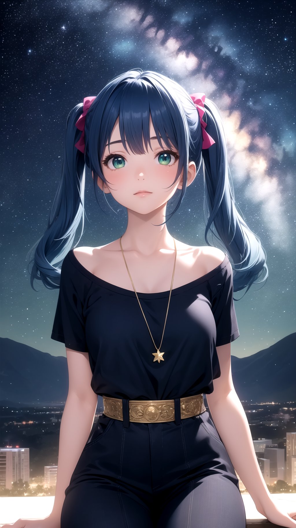 (masterpiece, best quality), 1girl, blue hair, green eyes, twintails, cosmic, starry sky, night, scenery, light particle, messy hair,