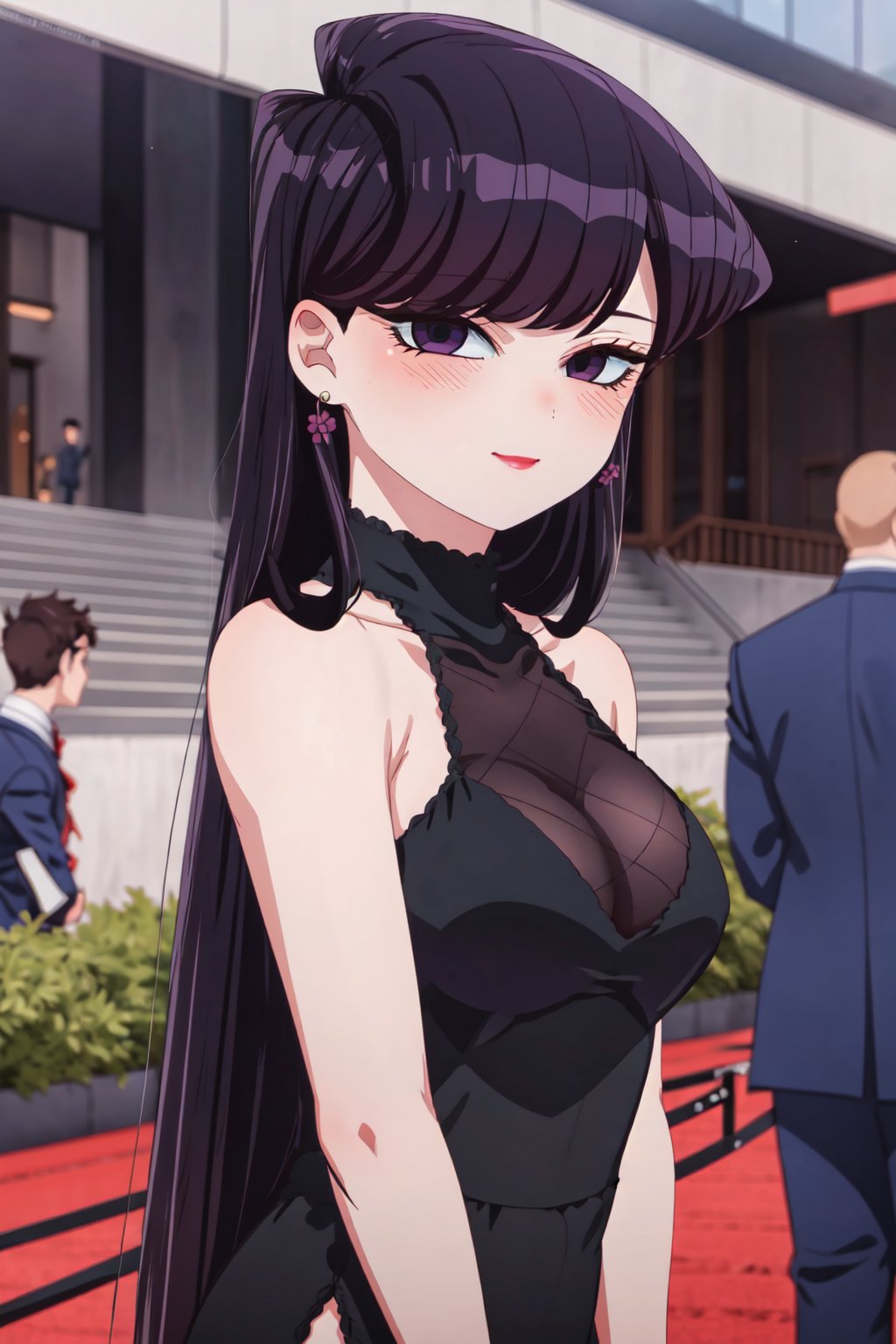 ShoukoKomi, Shouko Komi, (8k, high definition), upper body, loose hair, long eyelashes, loose hair, long hair, long sideburns, purple eyeliner, perfect eyes, embarrassed, blushing, high definition, highly detailed eyes, highly detailed, elegant dress, black dress, long dress, dress with leg opening, neckline, earrings, red lipstick, bouquet of flowers in hand, red carpet, crowd of people in the background, smile, looking_at_viewer<lora:EMS-333743-EMS:1.000000>