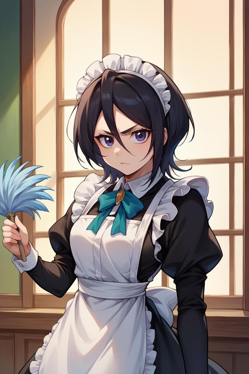 score_9, score_8_up, score_7_up, score_6_up, source_anime BREAK 1girl, solo,  <lora:rukia-pdxl-nvwls-v1-000006:1> defrka, black hair, short hair, black eyes, maid headdress, maid dress, apron, frown, looking at you, holding feather duster