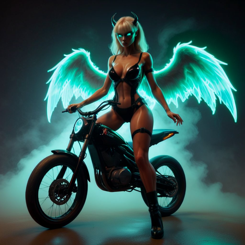 cinematic, horror film style, Fantasy (Beautiful tanned glowing skin angel:1.3) (((ride by a bloody bike))), glossy sweat, black blooded wings, (cute small devil horns:1.2), blonde hair, angel's halo, cute devil tail, wearing small white top showing underboobs, and mini black skirt, super fit body, muscled, her face has a horny diabolic expression, green eyes, staring at the viewer, , pointing_at_viewer, (huge pair of saggy breasts with erect big nipples:1.3), legs are spread open, wearing tall boots, cloud background, enchant3d, score_9, score_7_up, score_8_up, digital artwork by Beksinski, intricate diorama, photorealism, intricate details, extremely detailed, masterpiece,  outstanding intricacies, best quality, hires textures, high detail, incredibly detailed, cinematic lighting, creating an endearing expression as it gazes directly into the camera. the surrounding foliage adds depth to the scene,cinematic still portrait,street photo art style,8k UHD, RAW, DSLR, HDR, f/8,photorealistic,  skin pores, imperfections, natural,  high budget Hollywood film, bokeh, cinemascope, moody, epic, gorgeous, film grain , captured on a (Hasselblad X1D II 50C),, ,hair style Shag, clothes material is batiste,low forehead, upturned nose, mischievous gaze, small chin, oval face,long bangs,