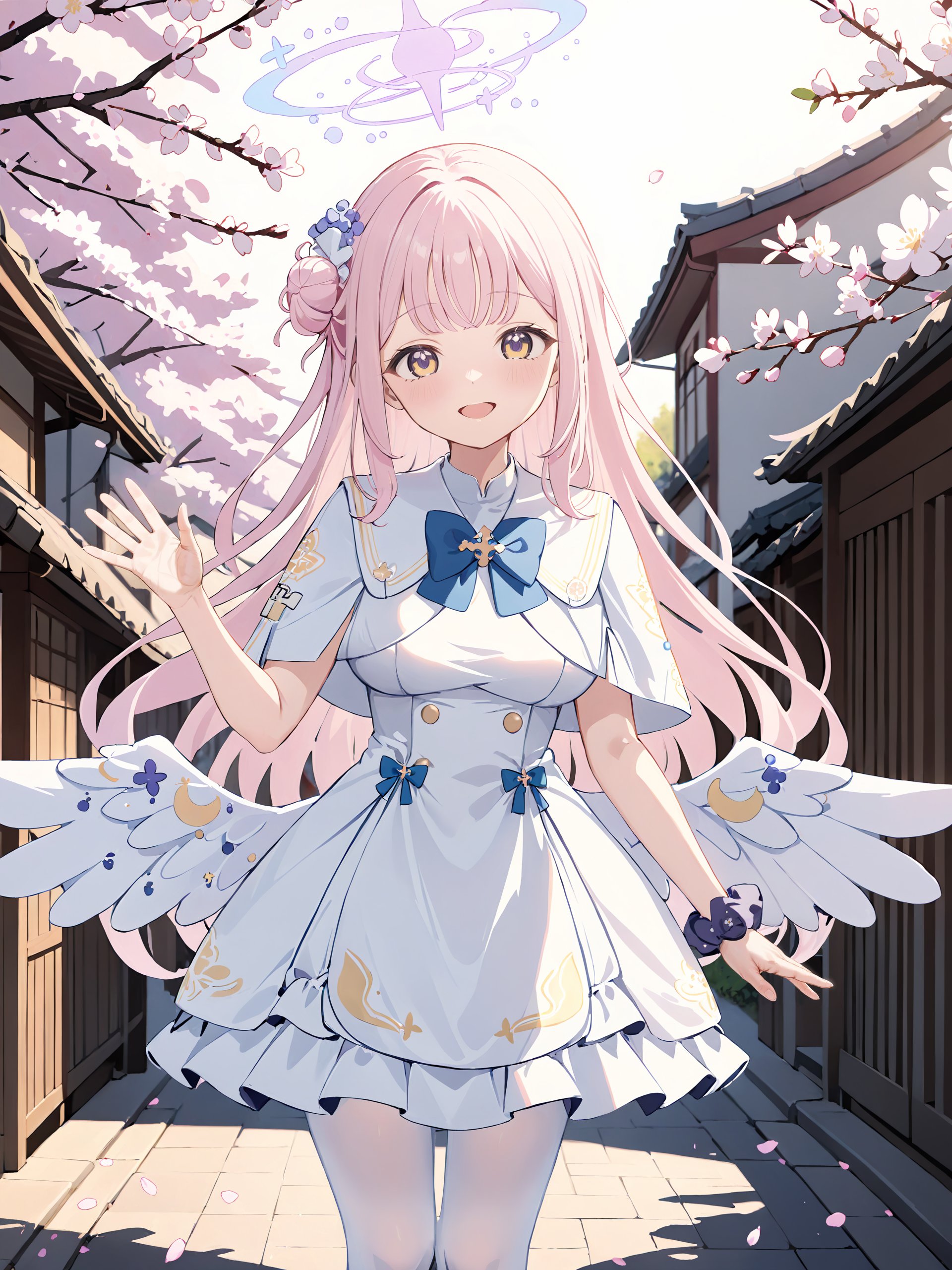 1girl, mika \(blue archive\), solo, halo, wrist scrunchie, low wings, hair flower, white dress, single side bun, white pantyhose, capelet, blue bowtie, standing, cowboy shot, smile, open mouth,  looking at viewer, waving, outdoors, street, cherry blossoms, petals, depth of field <lora:Char-BlueArchive-Mika-XL-V1:0.8>, masterpiece, best quality, perfect features, intricate details, ray tracing, very aesthetic, (hitenkei, askzy:0.4)