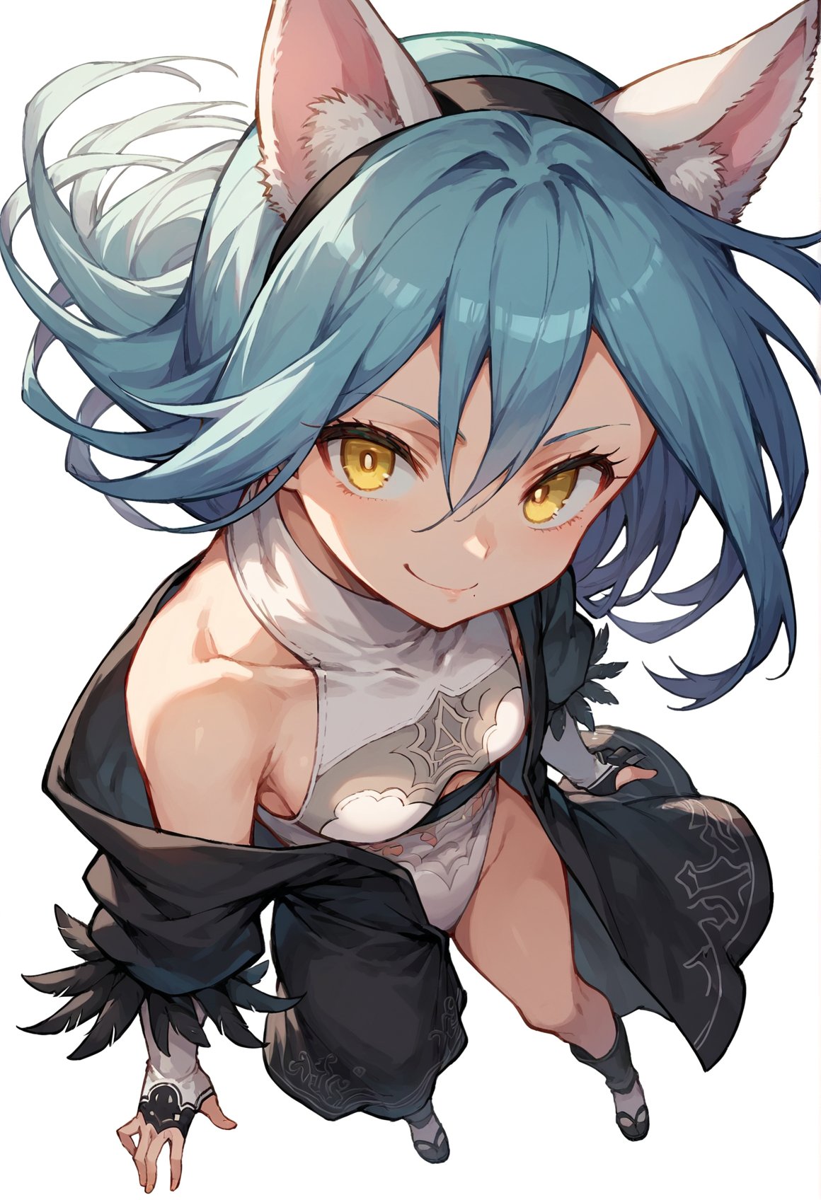 score_9, score_8_up, score_7_up, score_6_up, source anime,coolrance style, bravely default, nier, 1girl, kunoichi, animal ears, blue hair, yellow eyes, looking at viewer, full body, from above, close-up, open clothes, smirk, bare shoulders