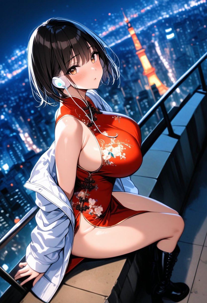 <lora:BLE 0.5v:1>, BLE, best quality, masterpiece, detailed background,1girl, solo, breasts, looking at viewer, blush, short hair, black hair, long sleeves, dress, bare shoulders, sitting, huge breasts, revealing clothes, brown eyes, jacket, outdoors, parted lips, boots, open clothes, sleeveless, black footwear, off shoulder, blurry, open jacket, from side, looking to the side, sleeveless dress, night, white jacket, chinese clothes, red dress, building, china dress, side slit, city, cityscape, earphones, print dress, city lights, angle, tower,