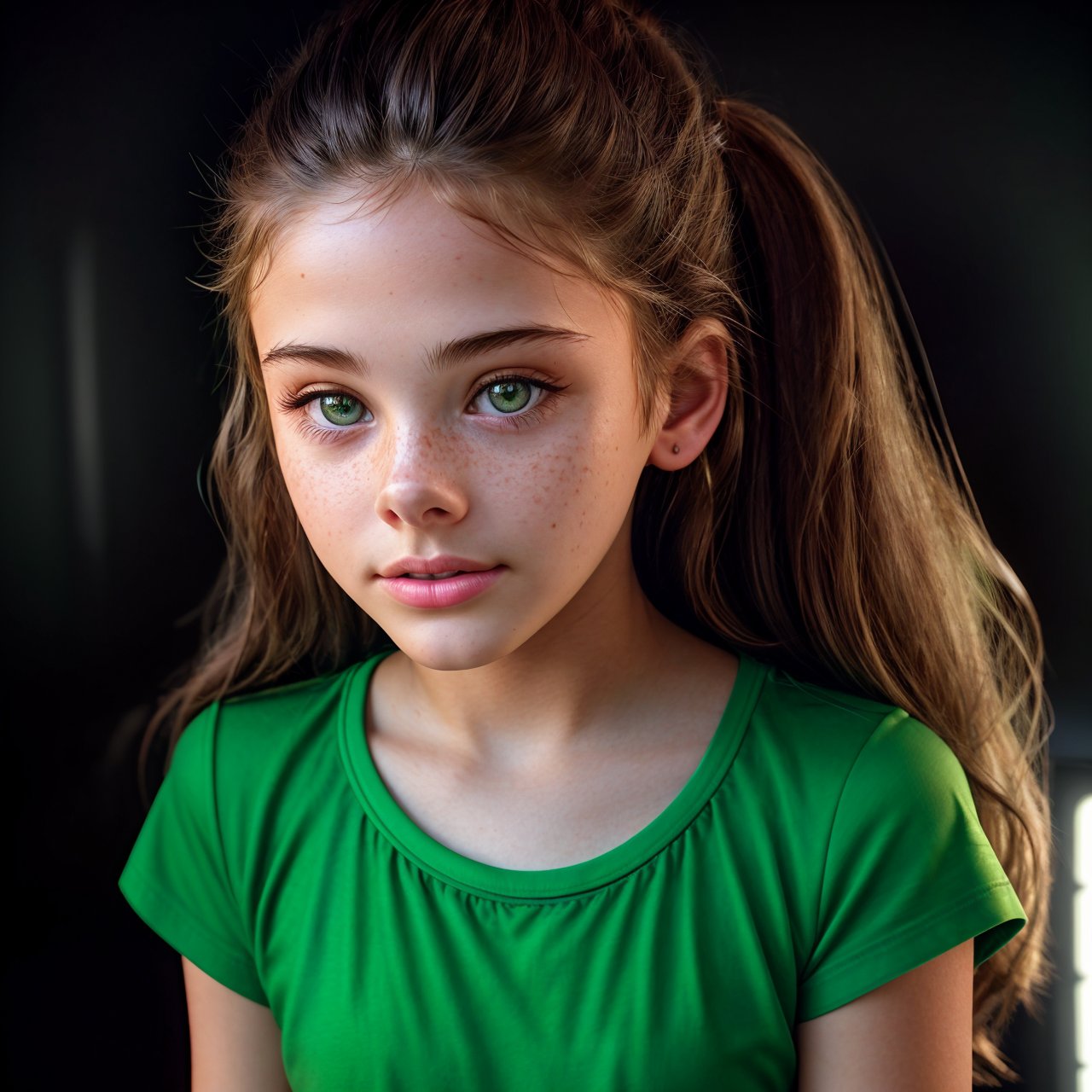 best quality, extra resolution, close up portrait of adorable (AIDA_LoRA_MeW2016:1.1) <lora:AIDA_LoRA_MeW2016:0.9> in (simple green t-shirt:1.1), [little girl], glossy skin with visible pores and freckles, pretty face, naughty, playful, intimate, flirting, cinematic, studio photo, kkw-ph1, (colorful:1.1), (charcoal smoky black background:1.1)